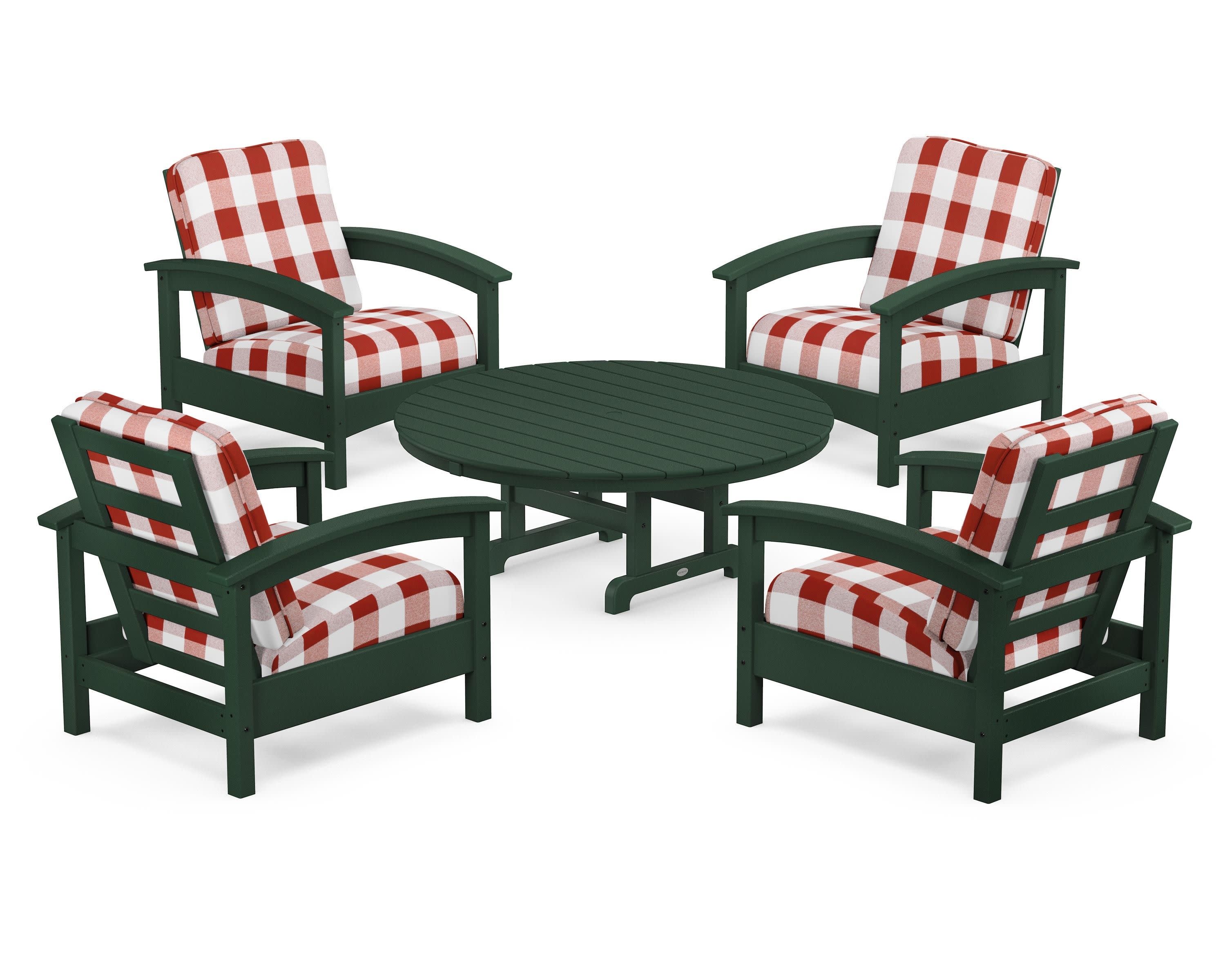 Rockport 5-Piece Deep Seating Set in Rainforest Canopy / Buffalo Plaid Crimson