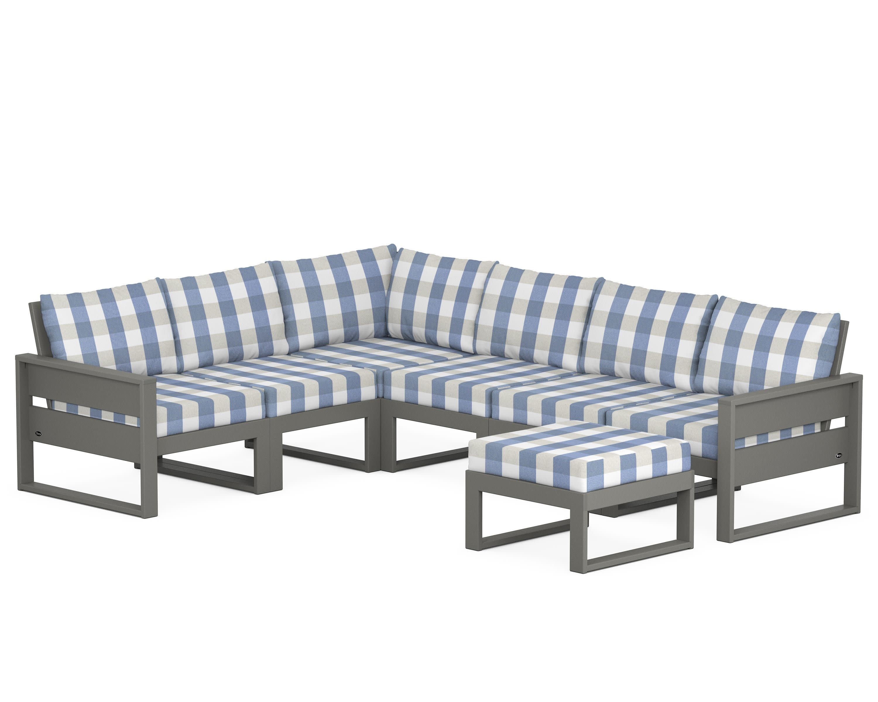 Eastport 6-Piece Sectional with Ottoman in Stepping Stone / Buffalo Plaid Sky Blue
