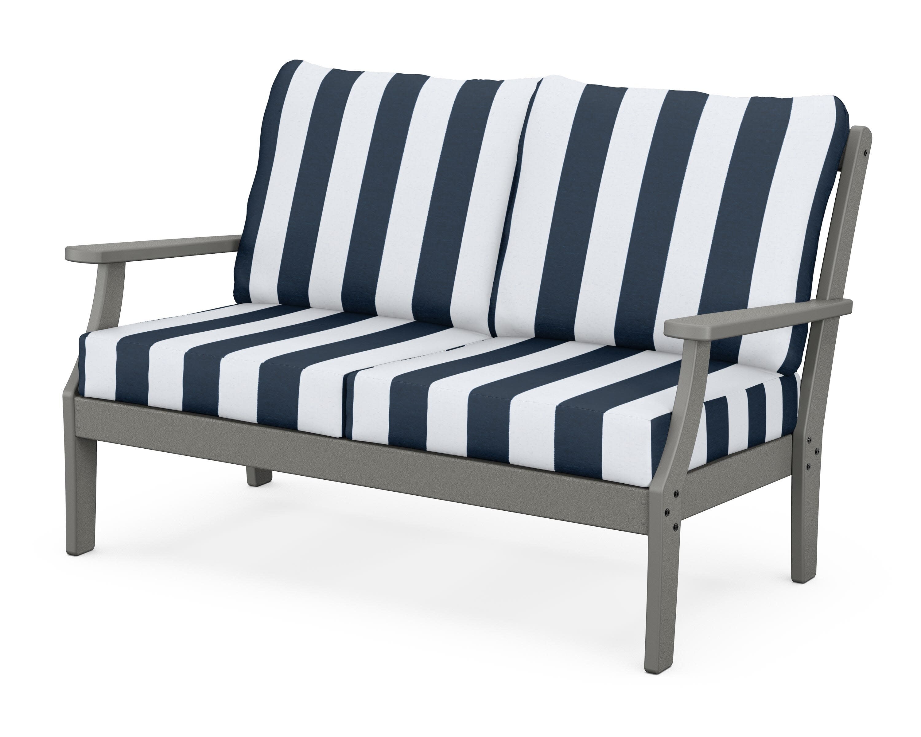 Yacht Club Deep Seating Loveseat in Stepping Stone / Cabana Stripe Marine Indigo