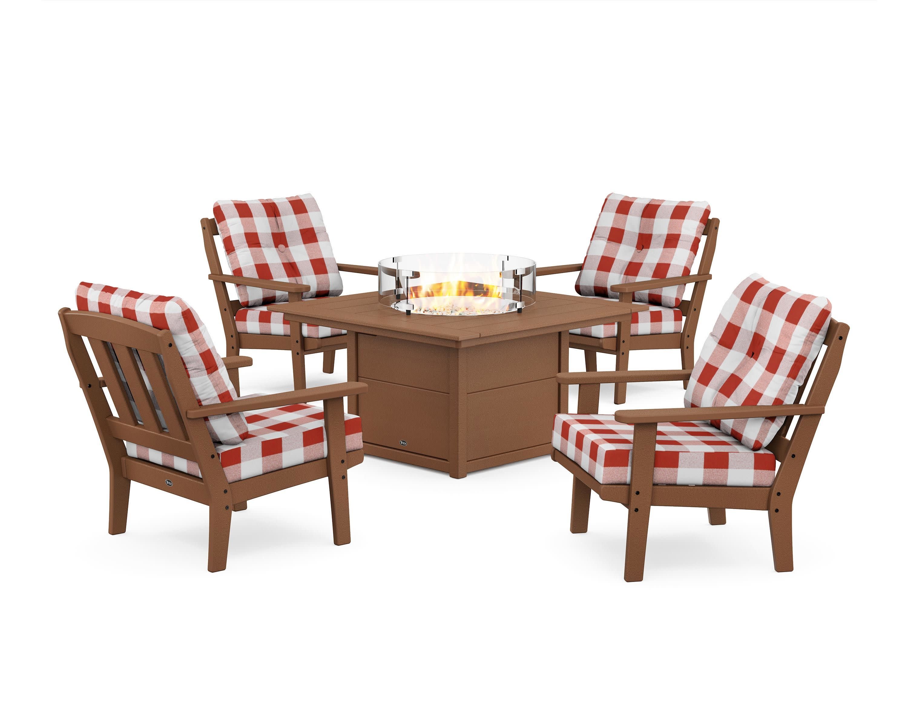 Cape Cod 5-Piece Deep Seating Set with Fire Pit Table in Tree House / Buffalo Plaid Crimson