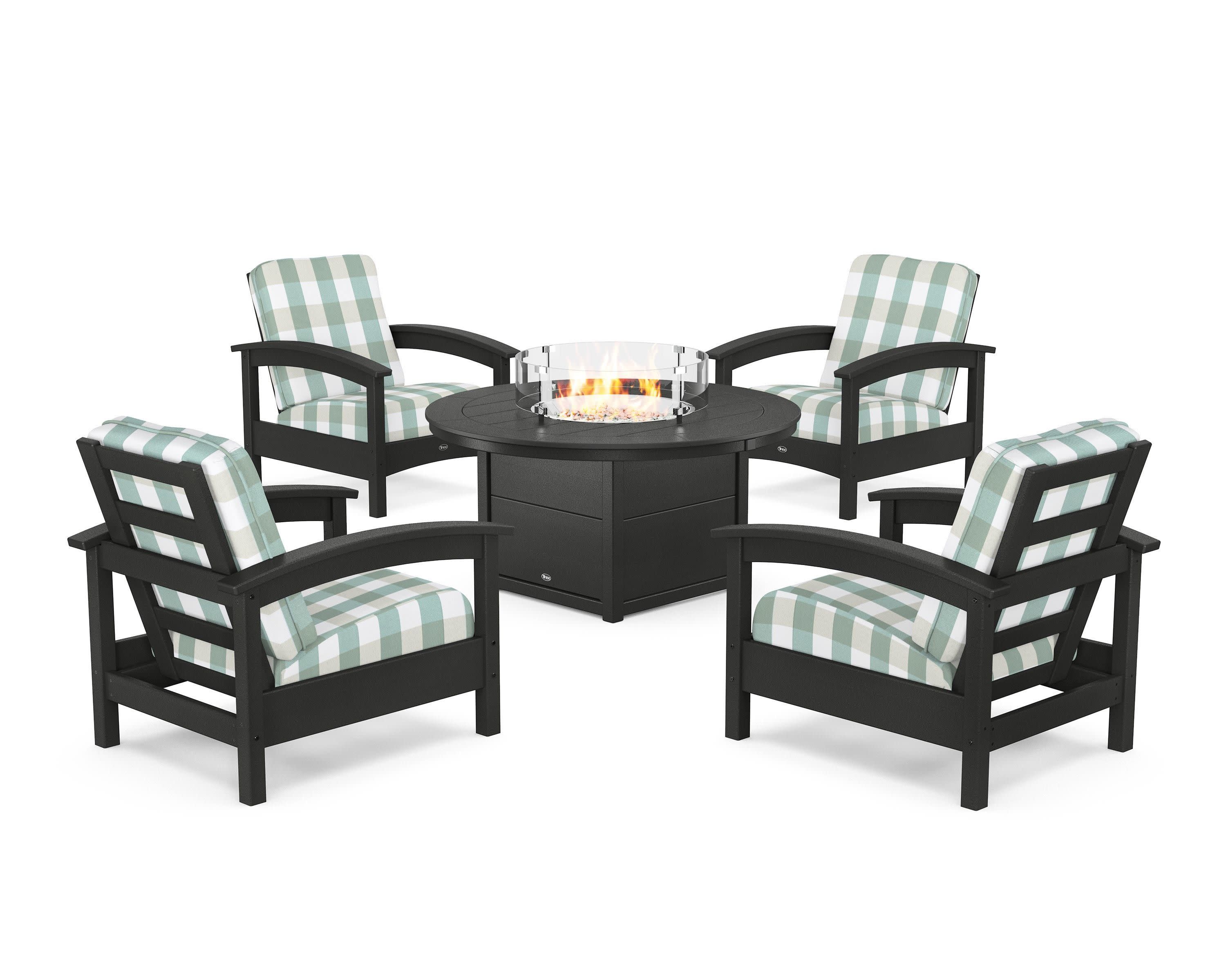 Rockport 5-Piece Deep Seating Set with Round Fire Pit Table in Charcoal Black / Buffalo Plaid Glacier Spa