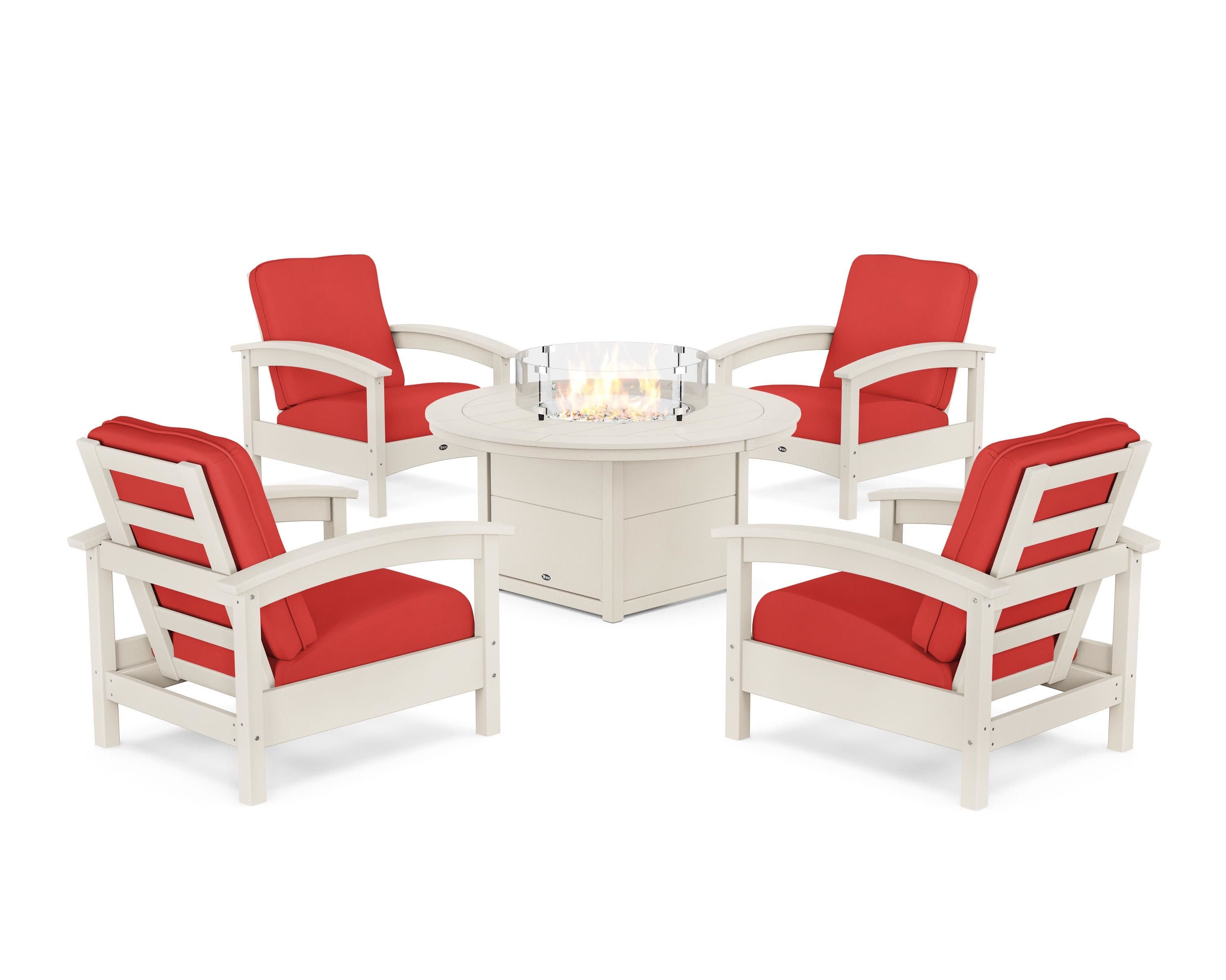 Rockport 5-Piece Deep Seating Set with Round Fire Pit Table in Sand Castle / Crimson Linen
