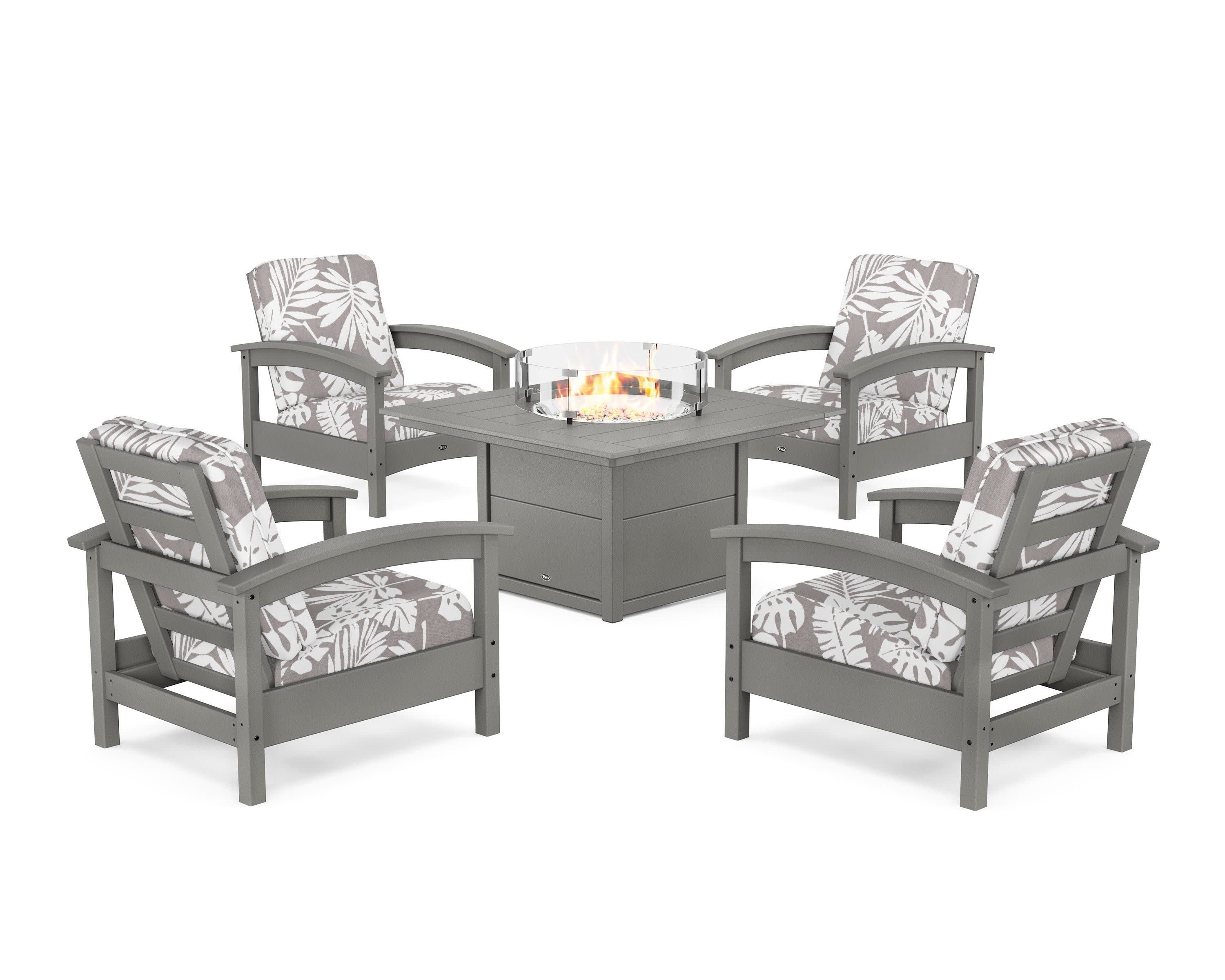Rockport 5-Piece Deep Seating Set with Square Fire Pit Table in Stepping Stone / Leaf Grey Mist