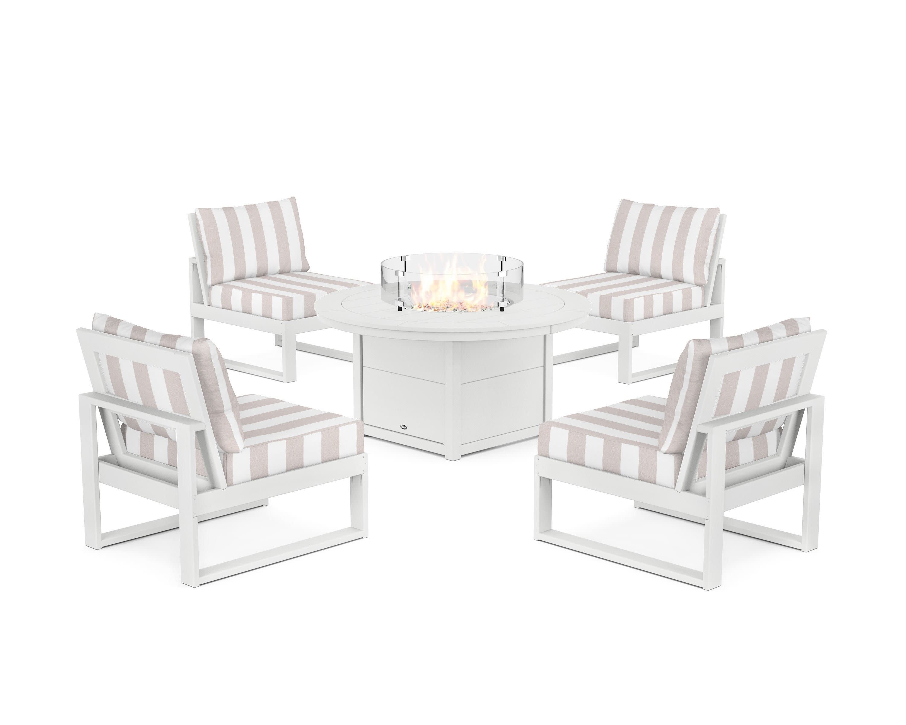 Eastport Modular 5-Piece Deep Seating Set with Round Fire Pit Table in Classic White / Cabana Stripe Dune Burlap