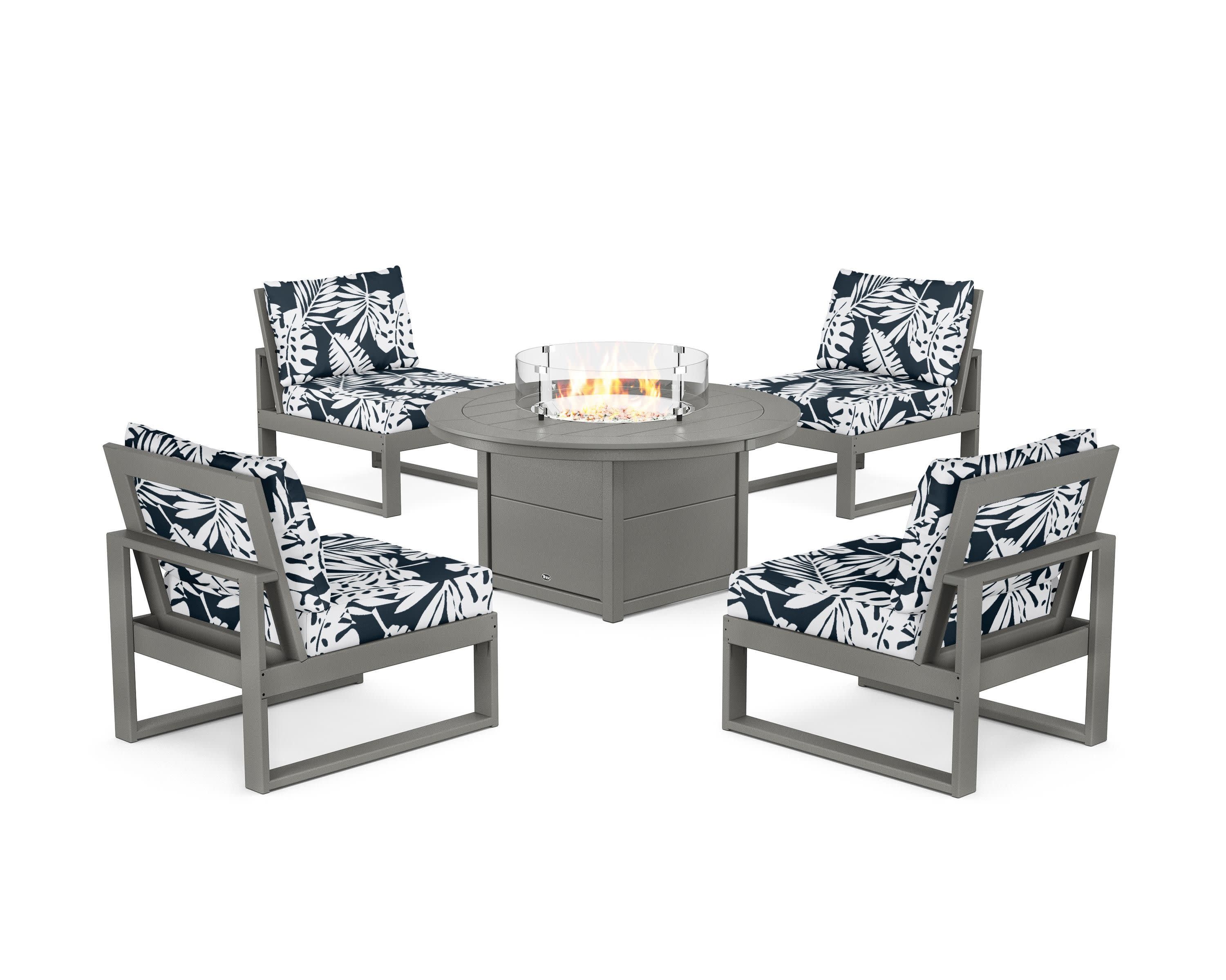 Eastport Modular 5-Piece Deep Seating Set with Round Fire Pit Table in Stepping Stone / Leaf Marine Indigo