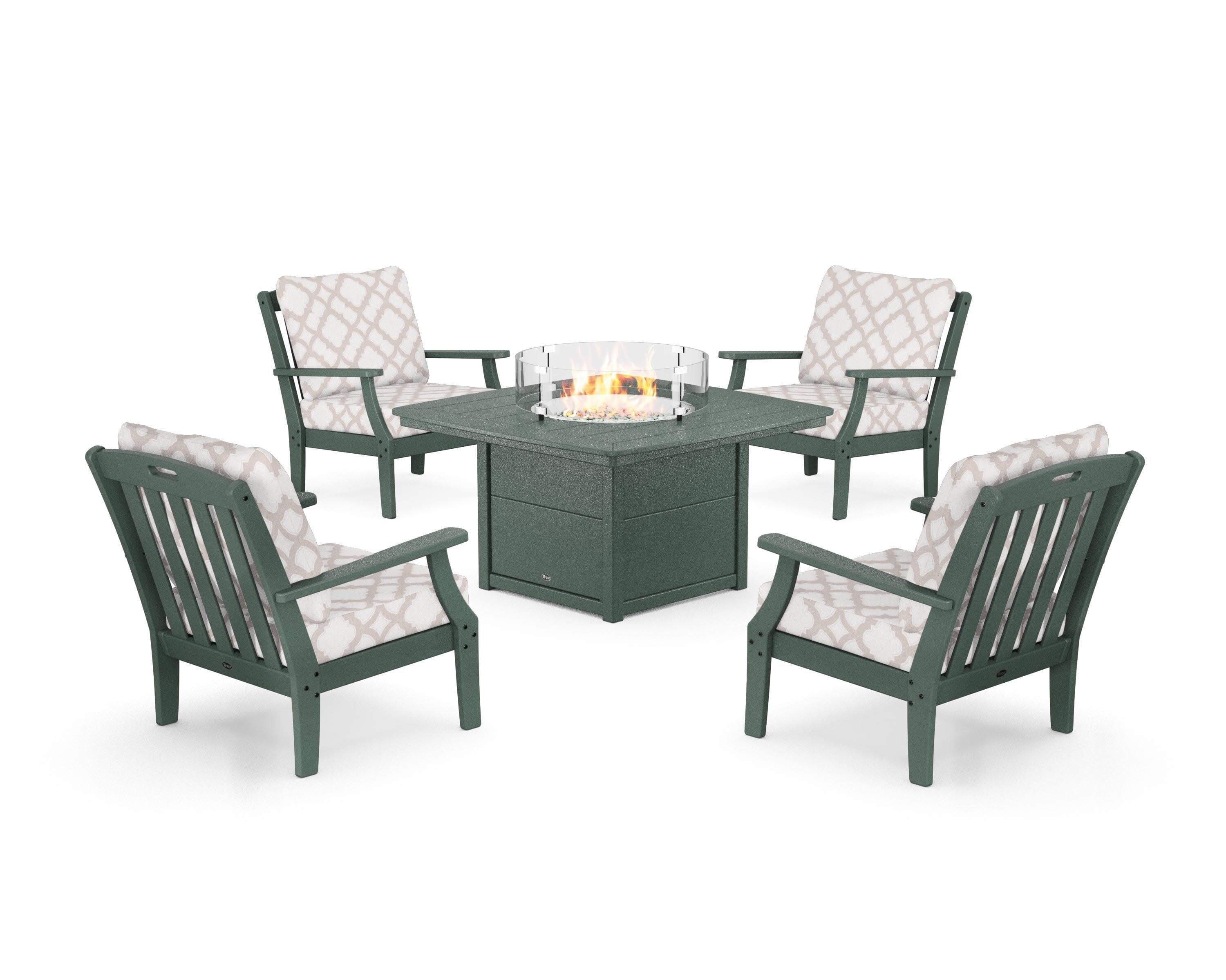 Yacht Club 5-Piece Deep Seating Set with Fire Pit Table in Rainforest Canopy / Trellis Dune Burlap