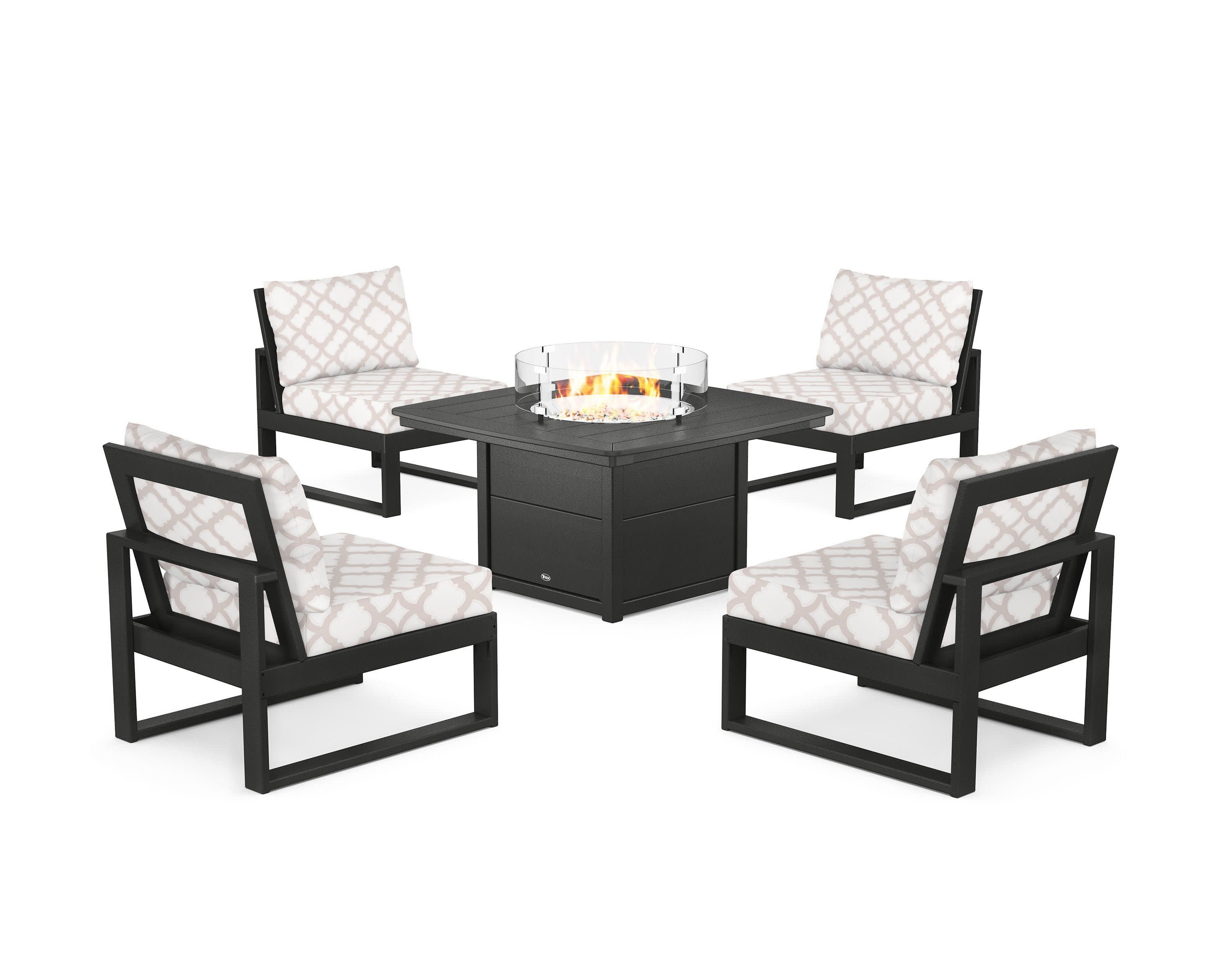 Eastport Modular 5-Piece Deep Seating Set with Yacht Club Fire Pit Table in Charcoal Black / Trellis Dune Burlap