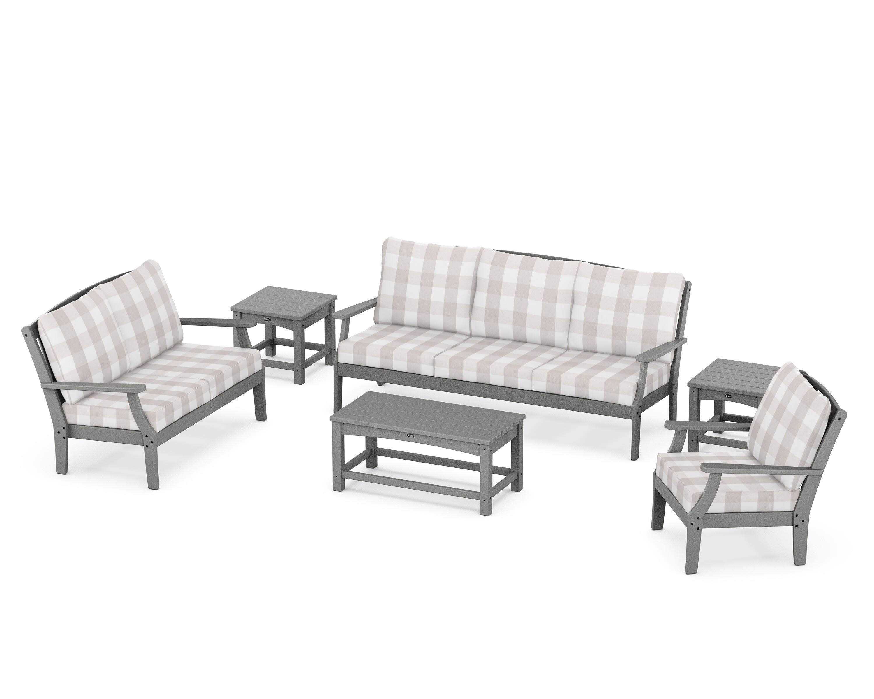 Yacht Club 6-Piece Deep Seating Set in Stepping Stone / Buffalo Plaid Dune Burlap