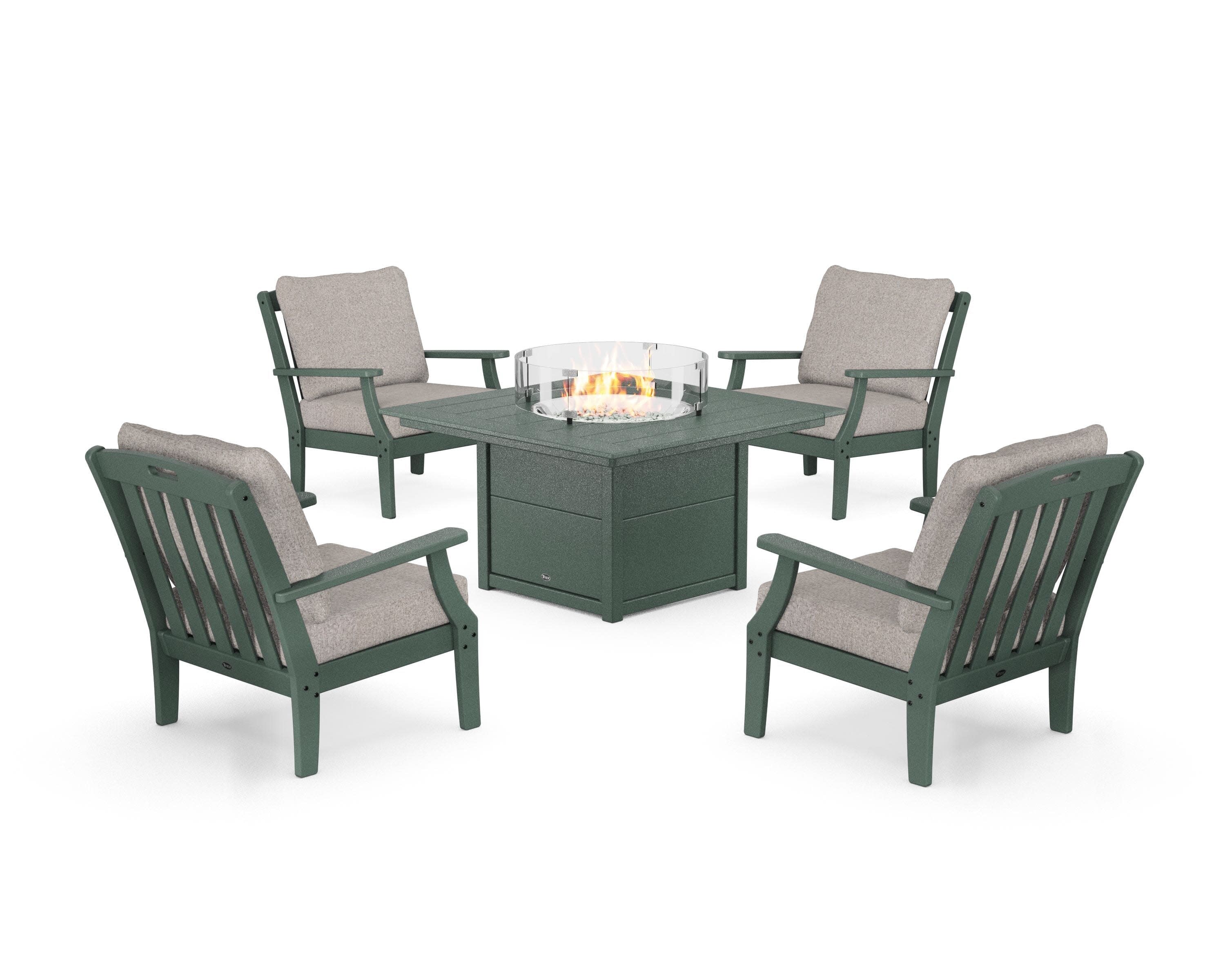 Yacht Club 5-Piece Deep Seating Set with Square Fire Pit Table in Rainforest Canopy / Weathered Tweed