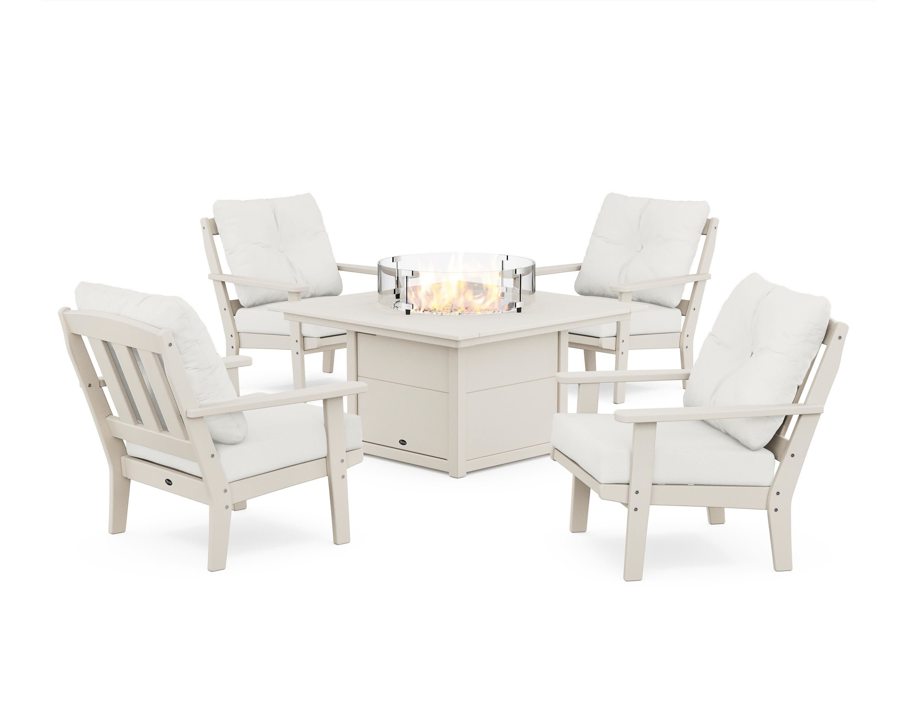 Cape Cod 5-Piece Deep Seating Set with Fire Pit Table in Sand Castle / Natural Linen