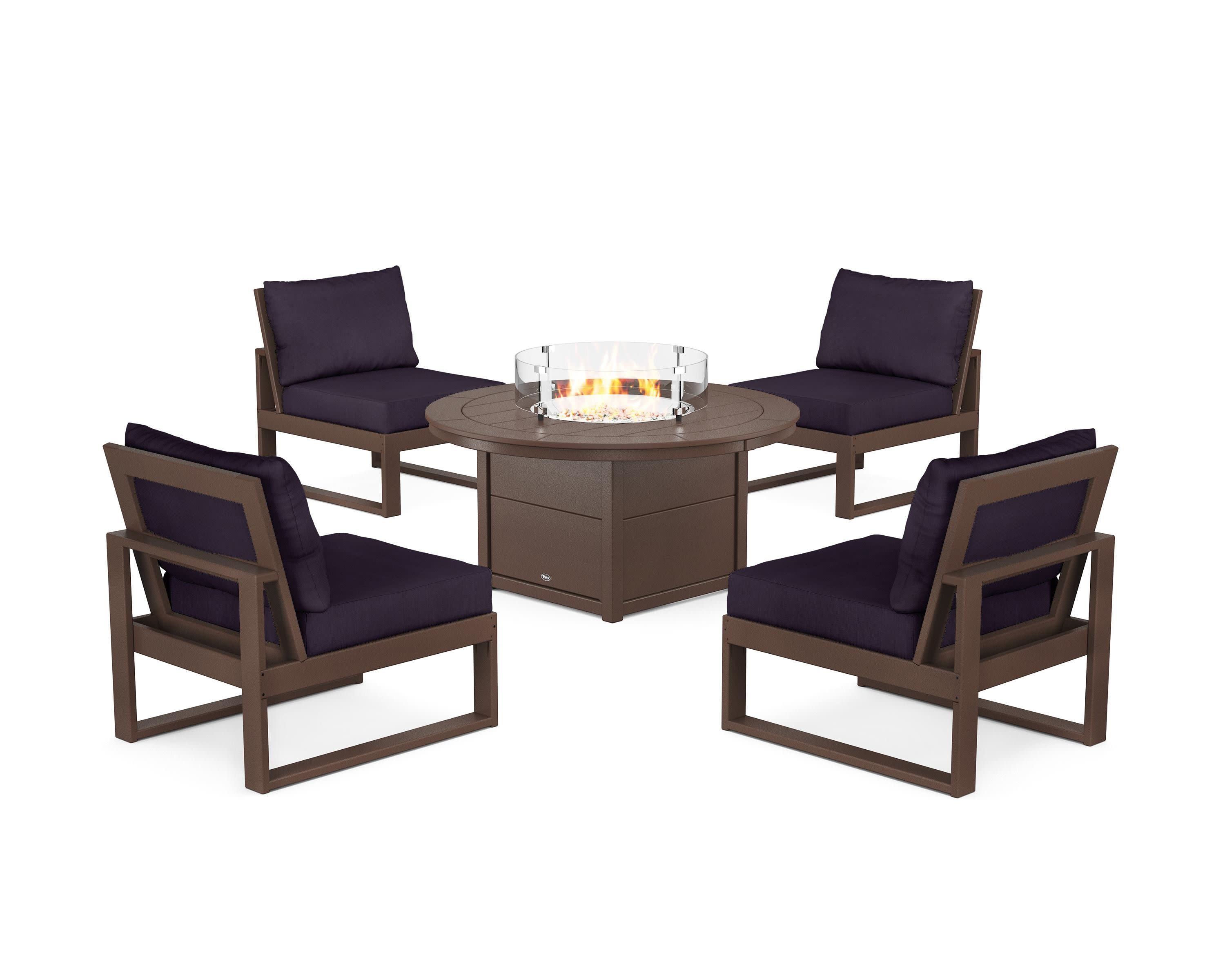Eastport Modular 5-Piece Deep Seating Set with Round Fire Pit Table in Vintage Lantern / Navy Linen