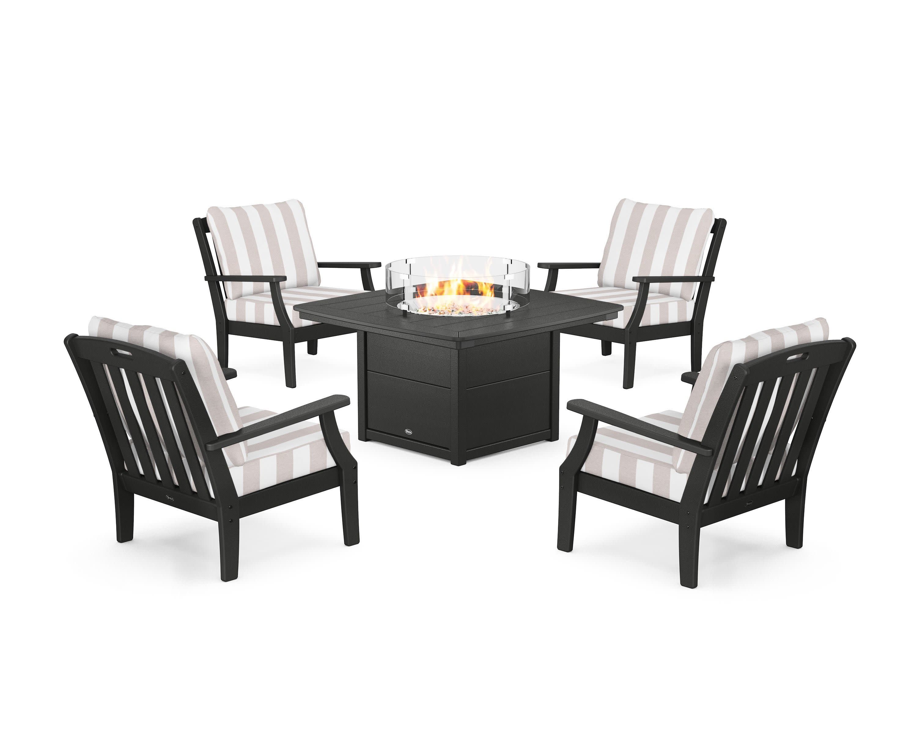 Yacht Club 5-Piece Deep Seating Set with Fire Pit Table in Charcoal Black / Cabana Stripe Dune Burlap