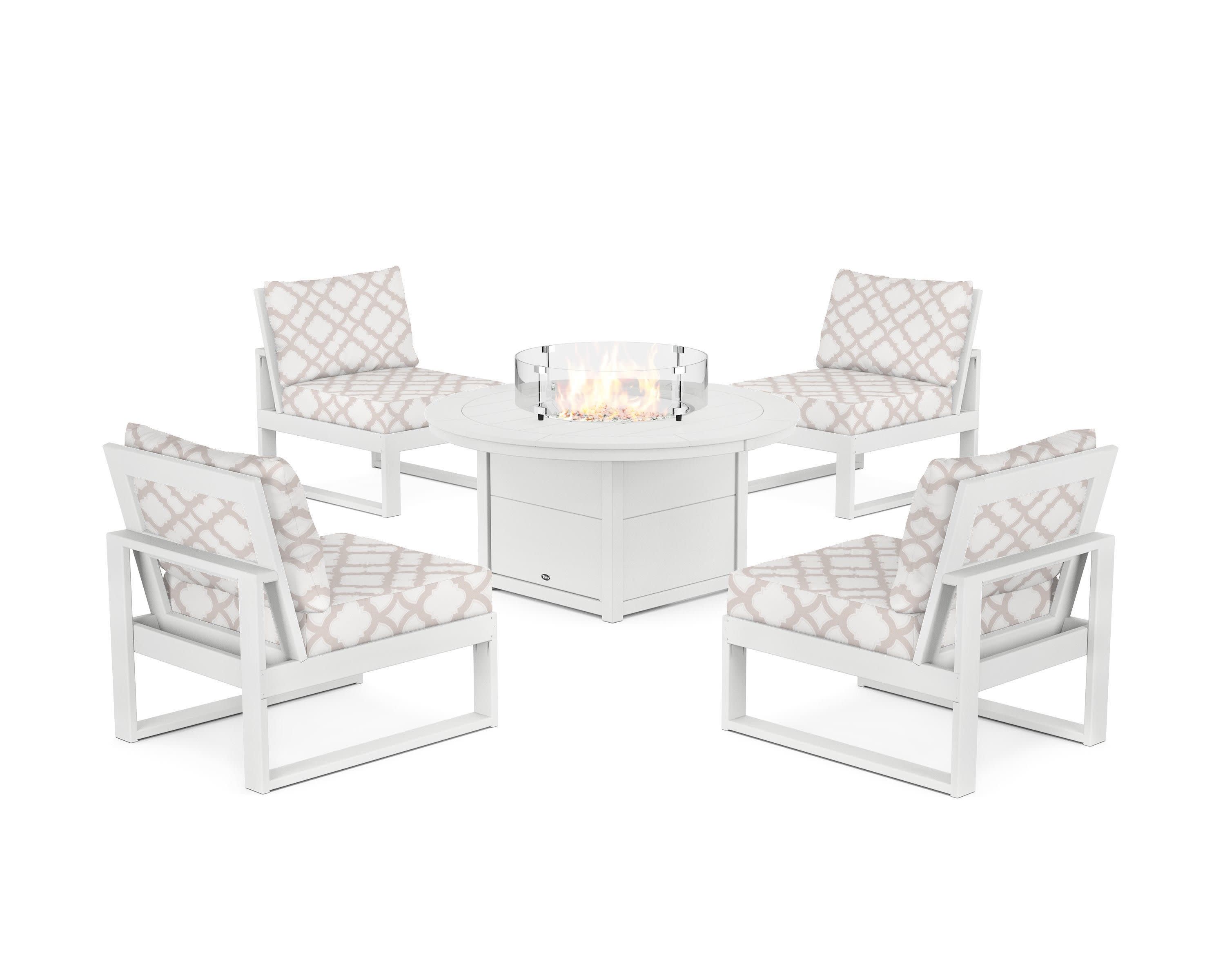 Eastport Modular 5-Piece Deep Seating Set with Round Fire Pit Table in Classic White / Trellis Dune Burlap