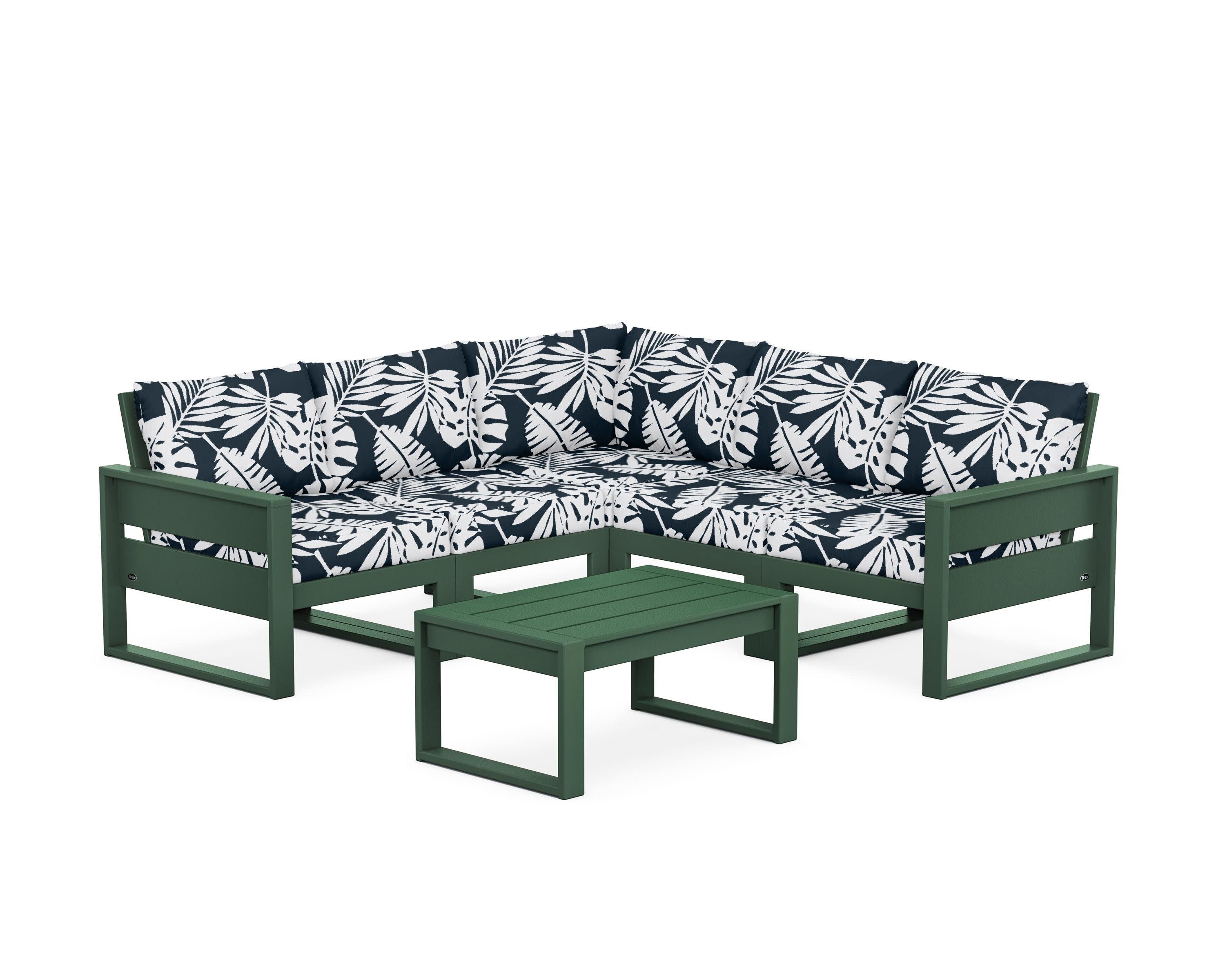 Eastport 6-Piece Deep Seating Sectional + Coffee Table Set in Rainforest Canopy / Leaf Marine Indigo