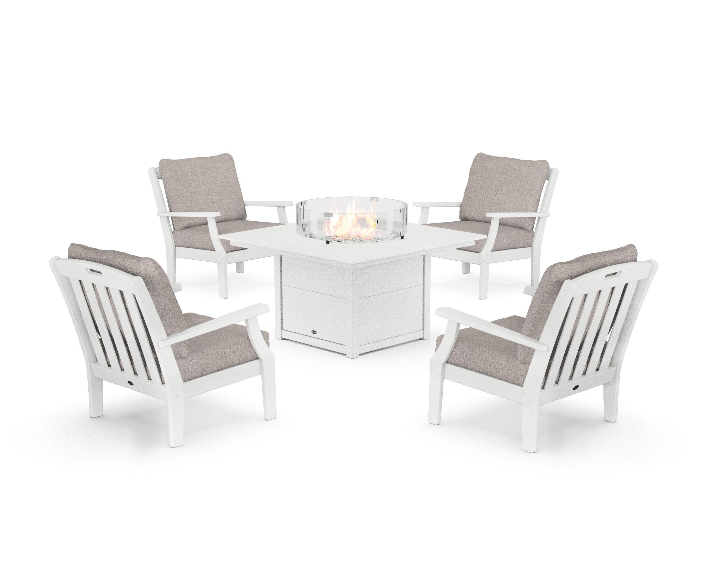 Yacht Club 5-Piece Deep Seating Set with Square Fire Pit Table in Classic White / Weathered Tweed