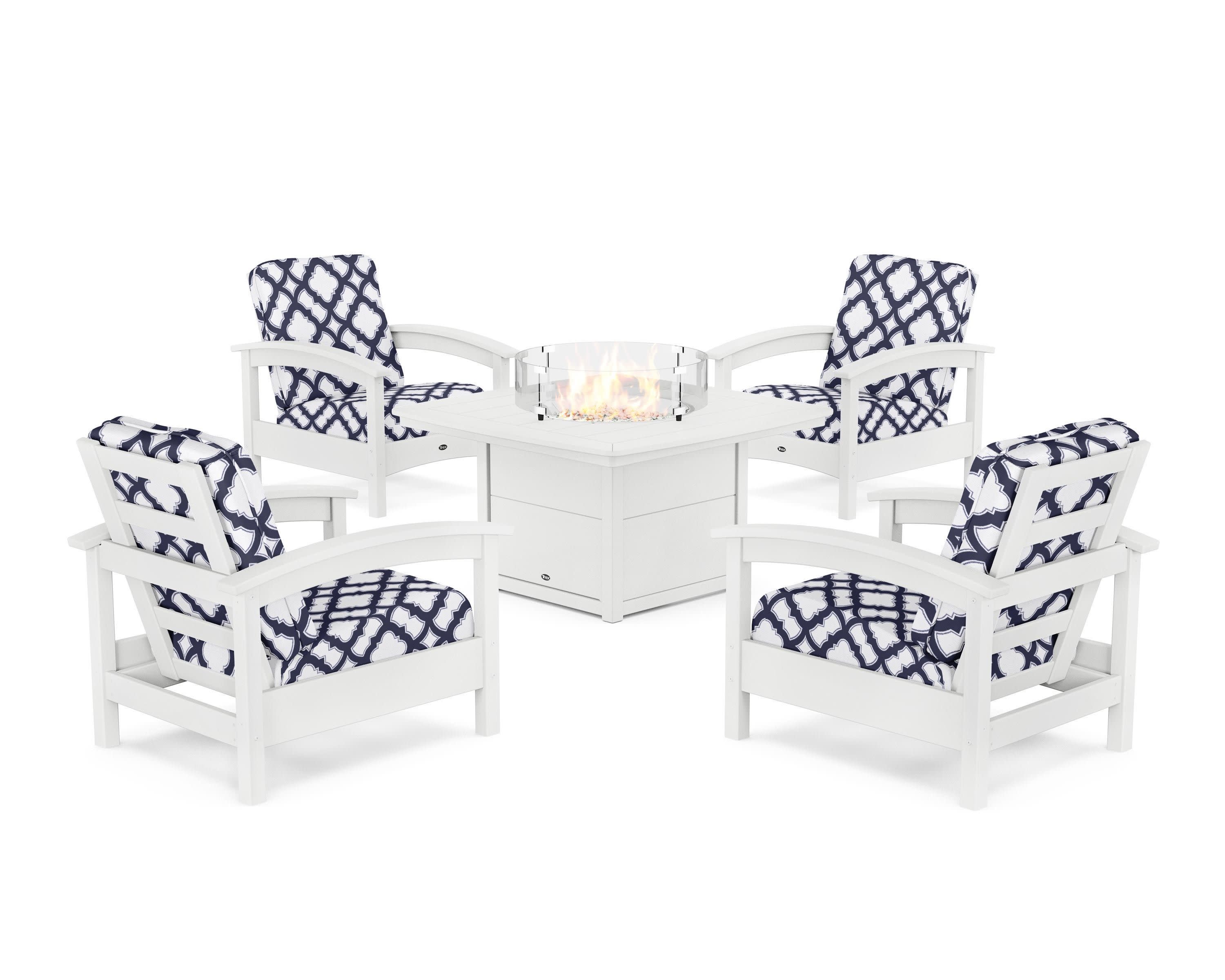 Rockport 5-Piece Deep Seating Set with Yacht Club Fire Pit Table in Classic White / Trellis Navy