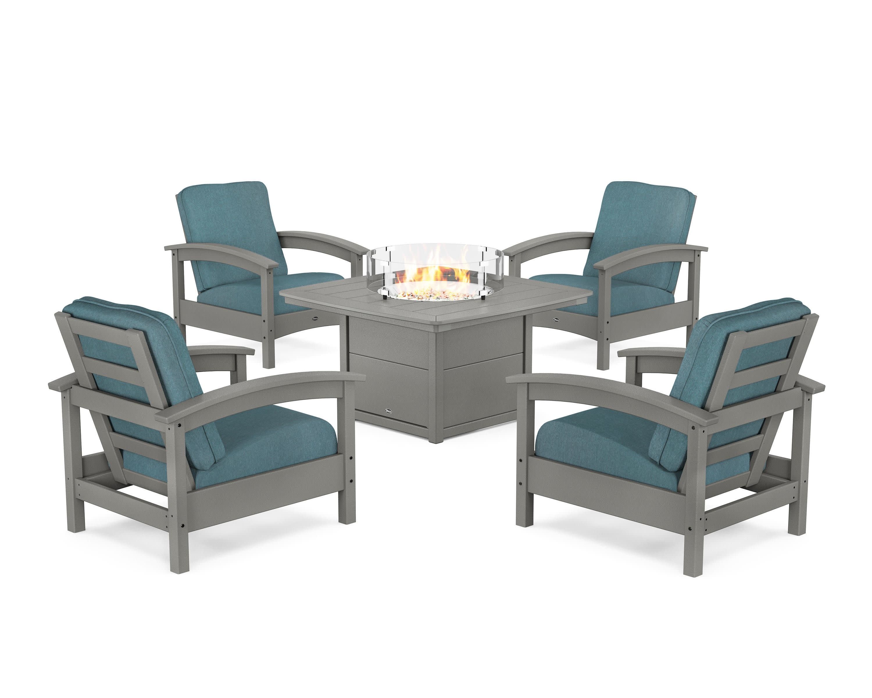 Rockport 5-Piece Deep Seating Set with Yacht Club Fire Pit Table in Stepping Stone / Ocean Teal