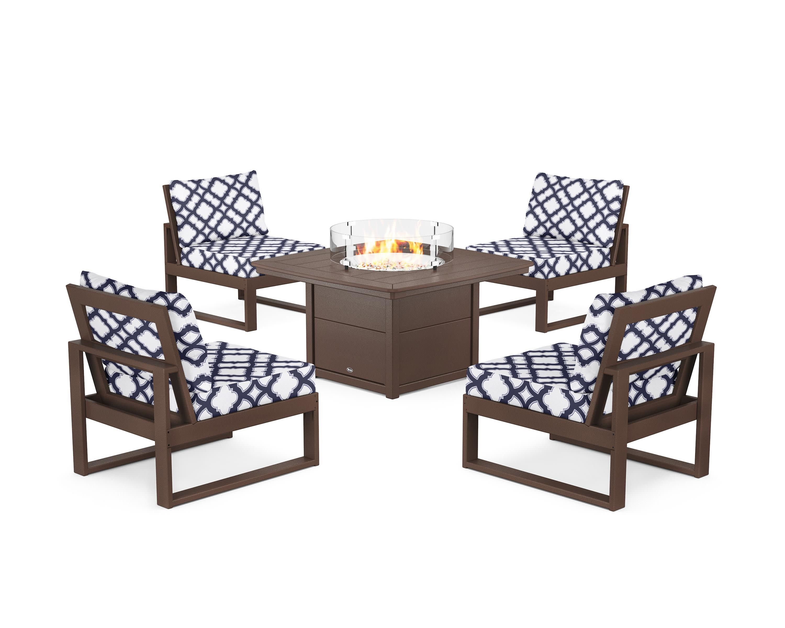Eastport Modular 5-Piece Deep Seating Set with Yacht Club Fire Pit Table in Vintage Lantern / Trellis Navy