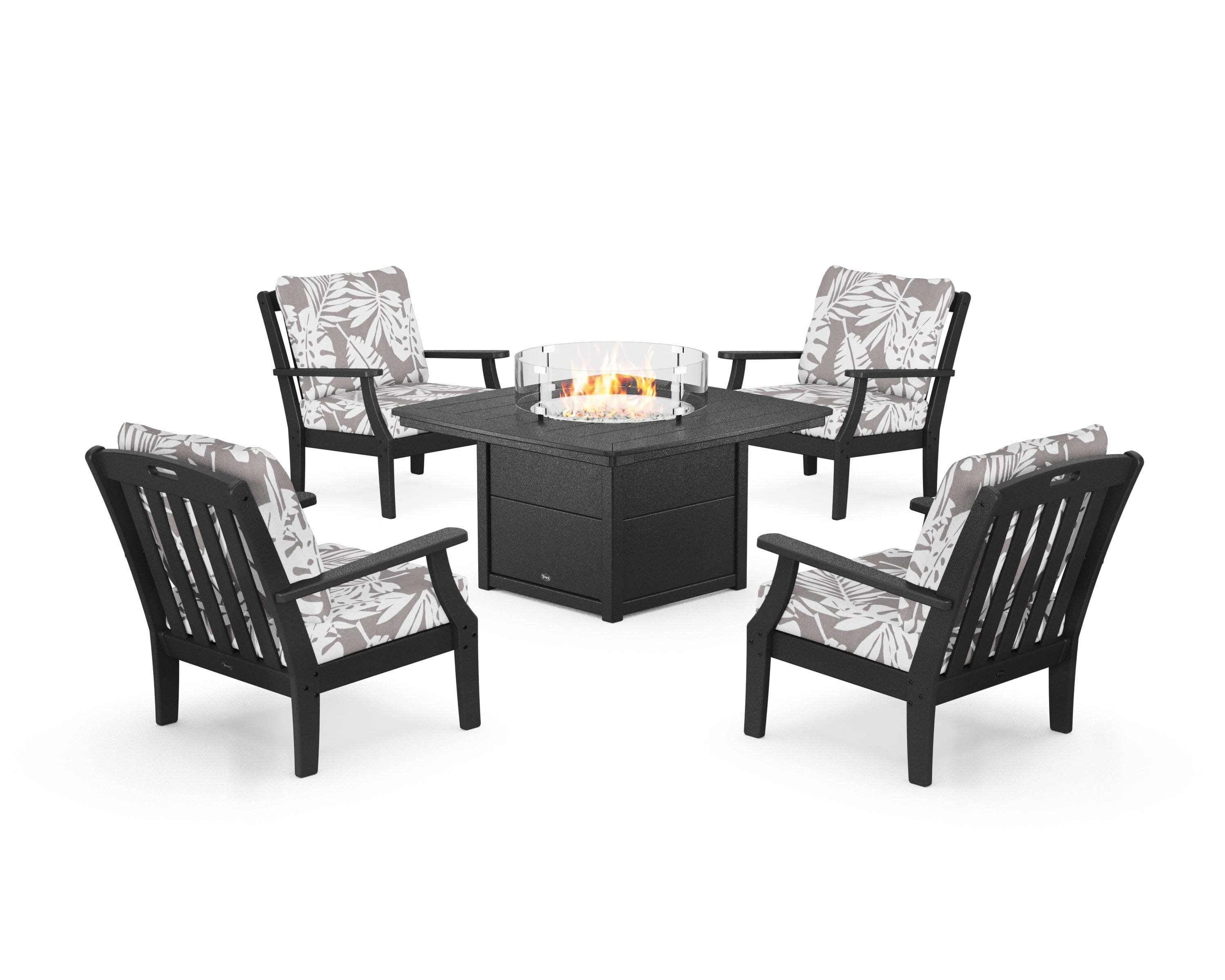 Yacht Club 5-Piece Deep Seating Set with Fire Pit Table in Charcoal Black / Leaf Grey Mist