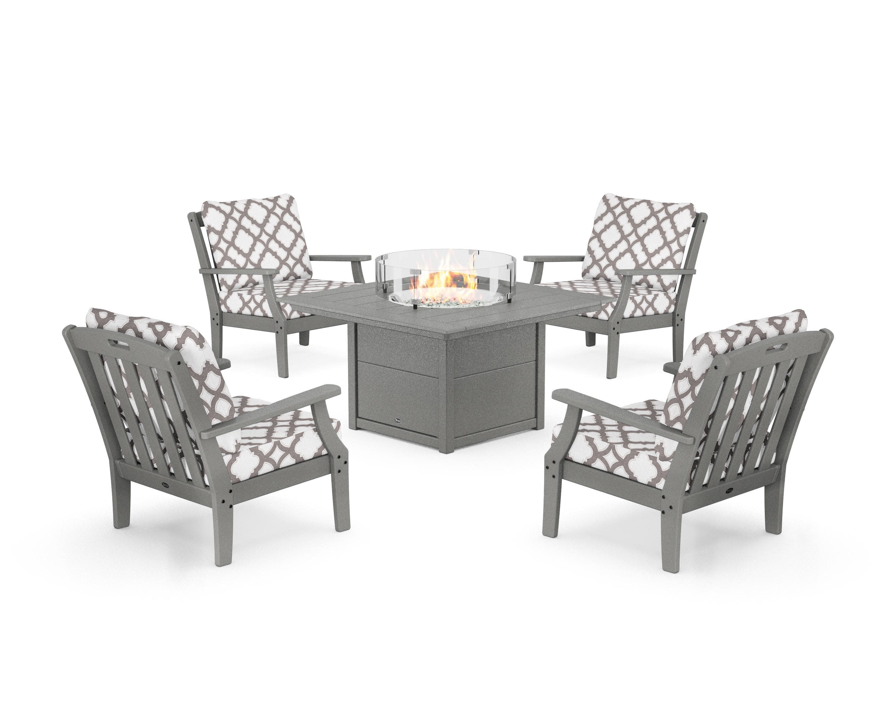 Yacht Club 5-Piece Deep Seating Set with Square Fire Pit Table in Stepping Stone / Trellis Grey Mist