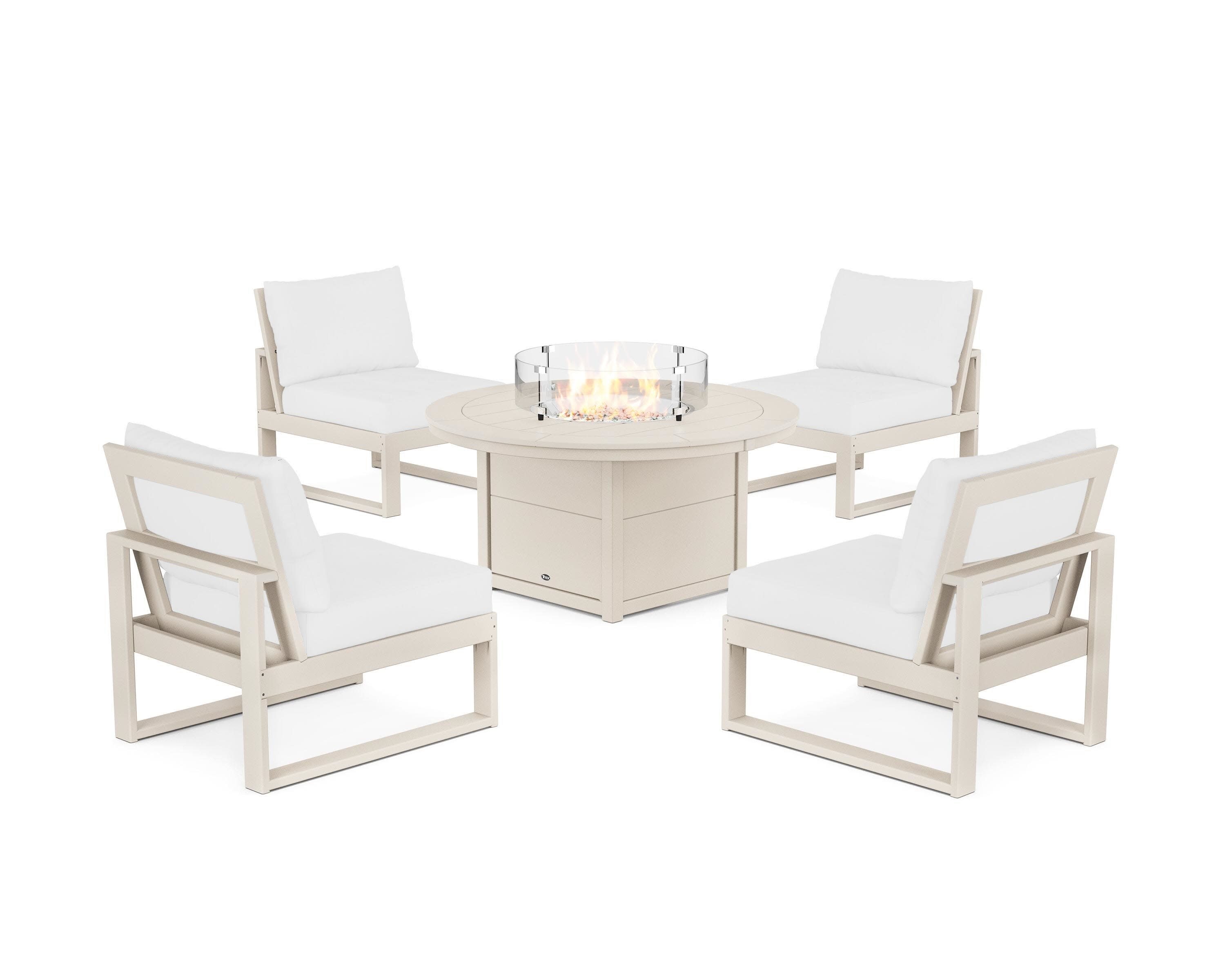 Eastport Modular 5-Piece Deep Seating Set with Round Fire Pit Table in Sand Castle / Natural