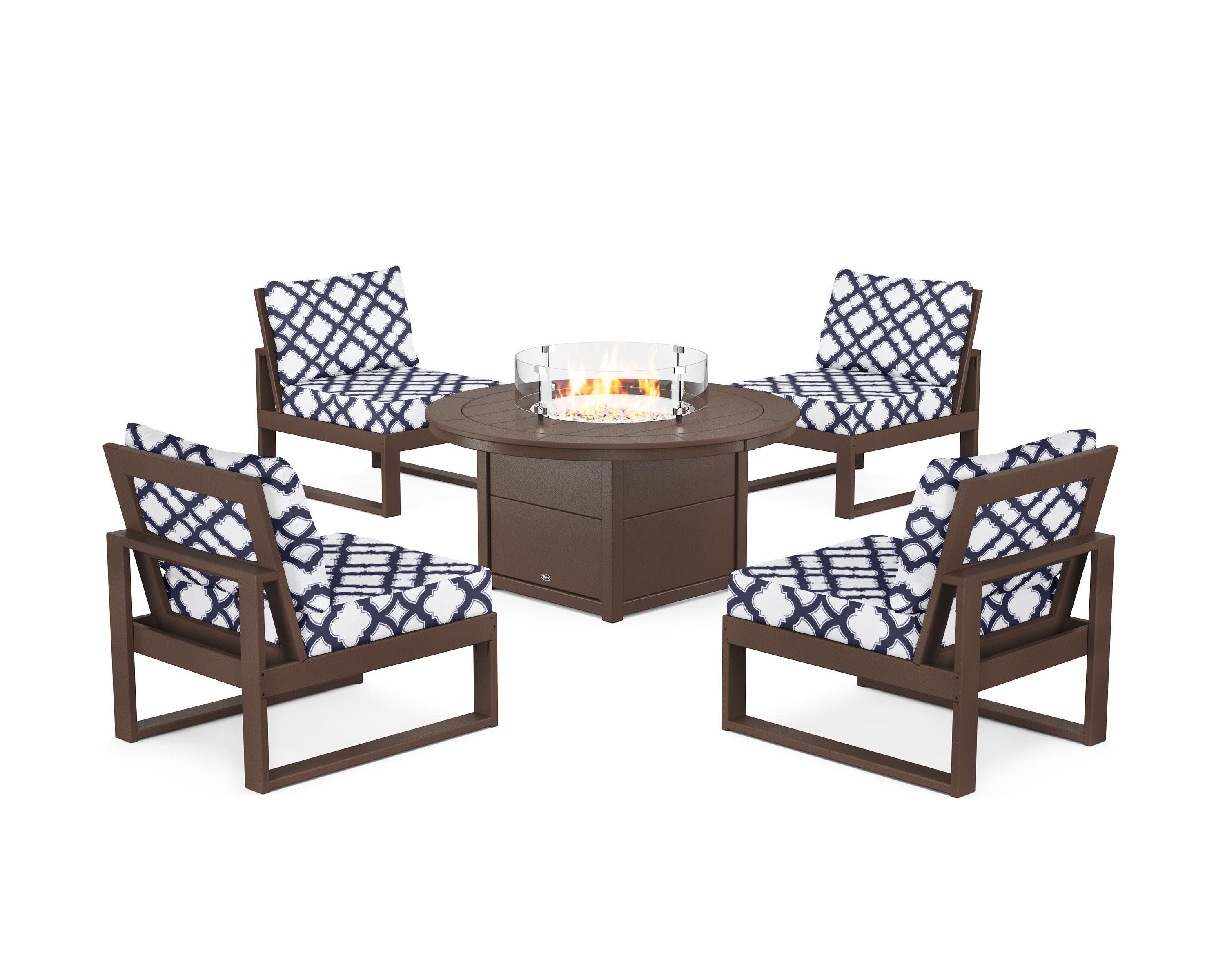 Eastport Modular 5-Piece Deep Seating Set with Round Fire Pit Table in Vintage Lantern / Trellis Navy