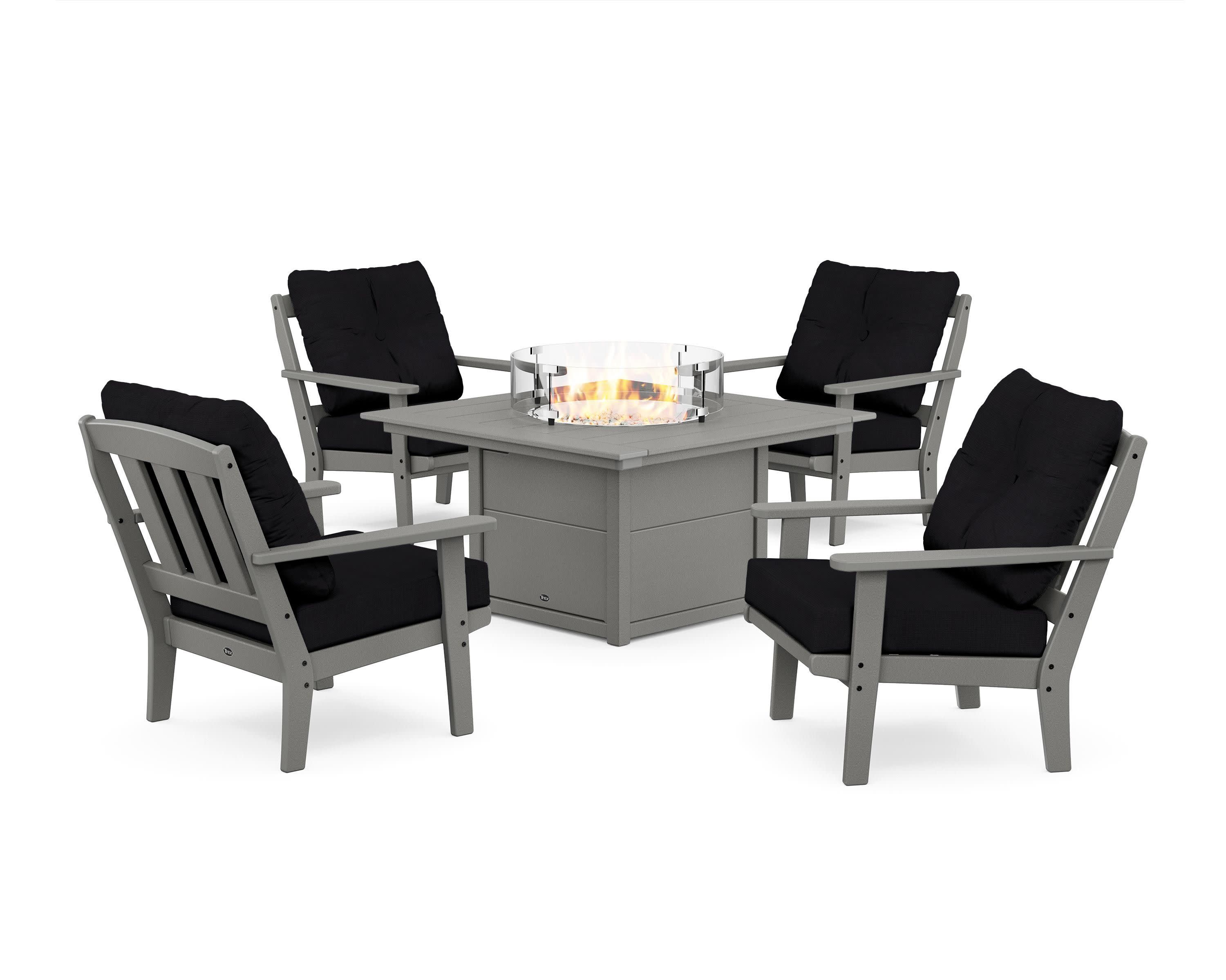 Cape Cod 5-Piece Deep Seating Set with Fire Pit Table in Stepping Stone / Midnight Linen