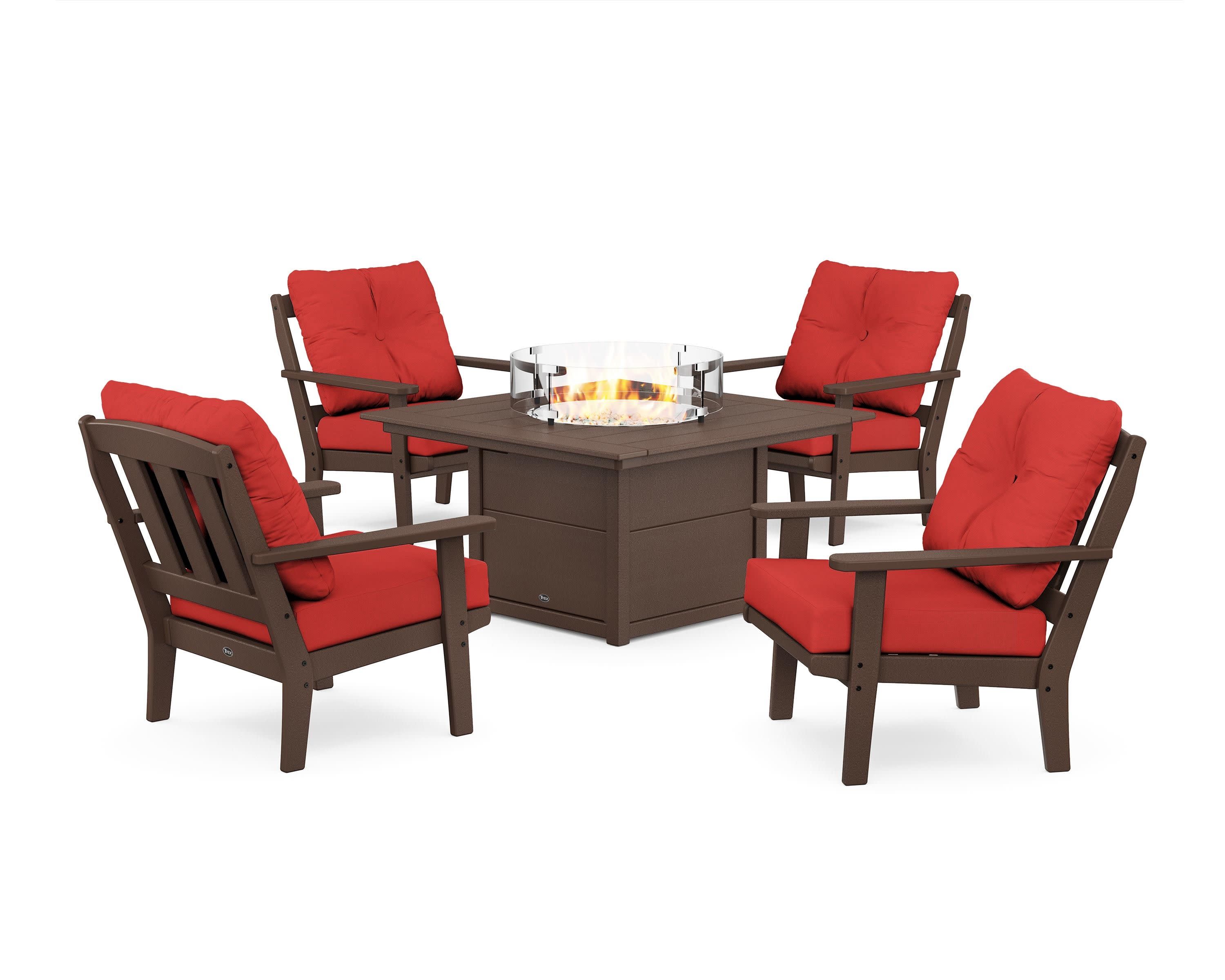 Cape Cod 5-Piece Deep Seating Set with Fire Pit Table in Vintage Lantern / Crimson Linen