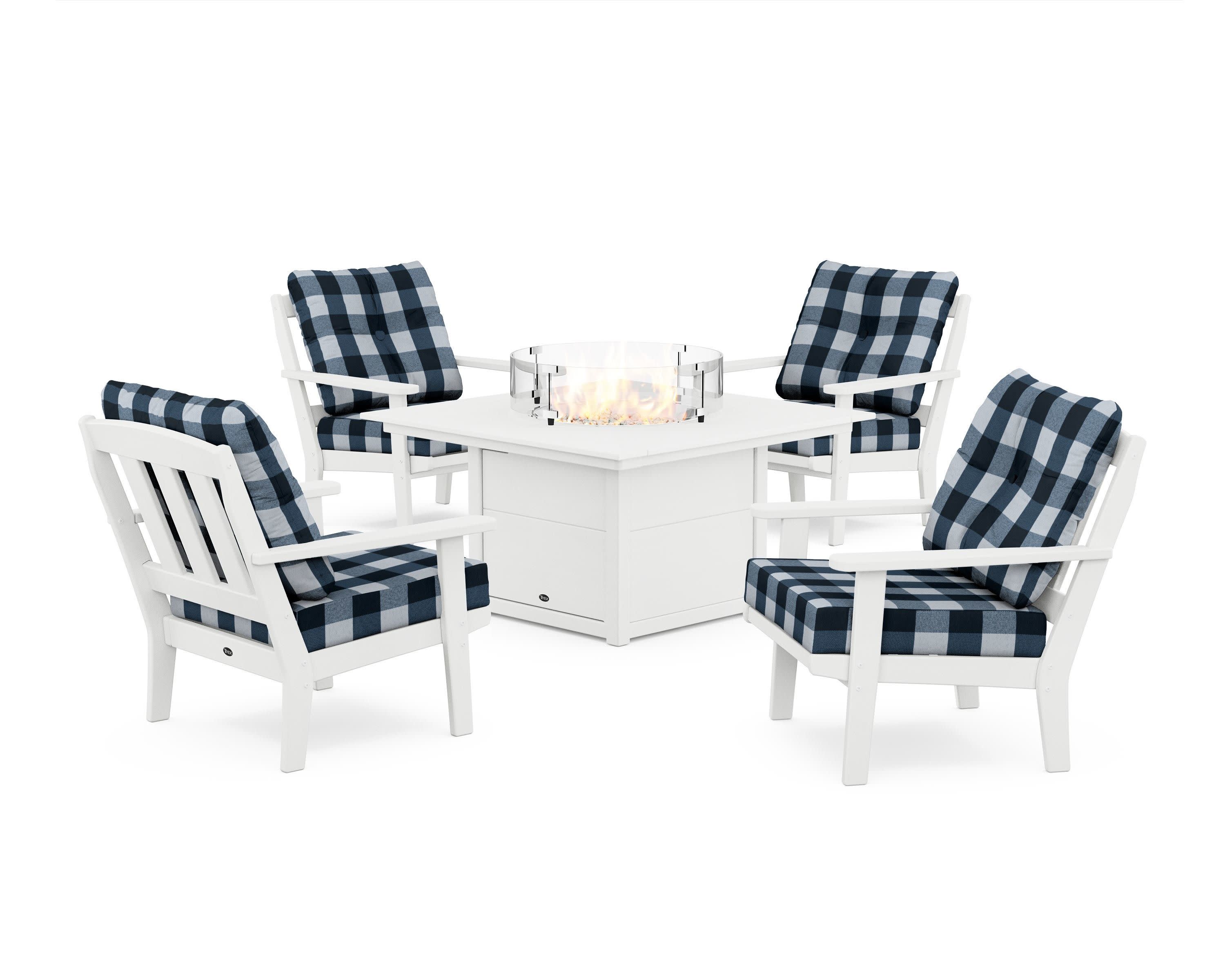 Cape Cod 5-Piece Deep Seating Set with Fire Pit Table in Classic White / Buffalo Plaid Marine Indigo