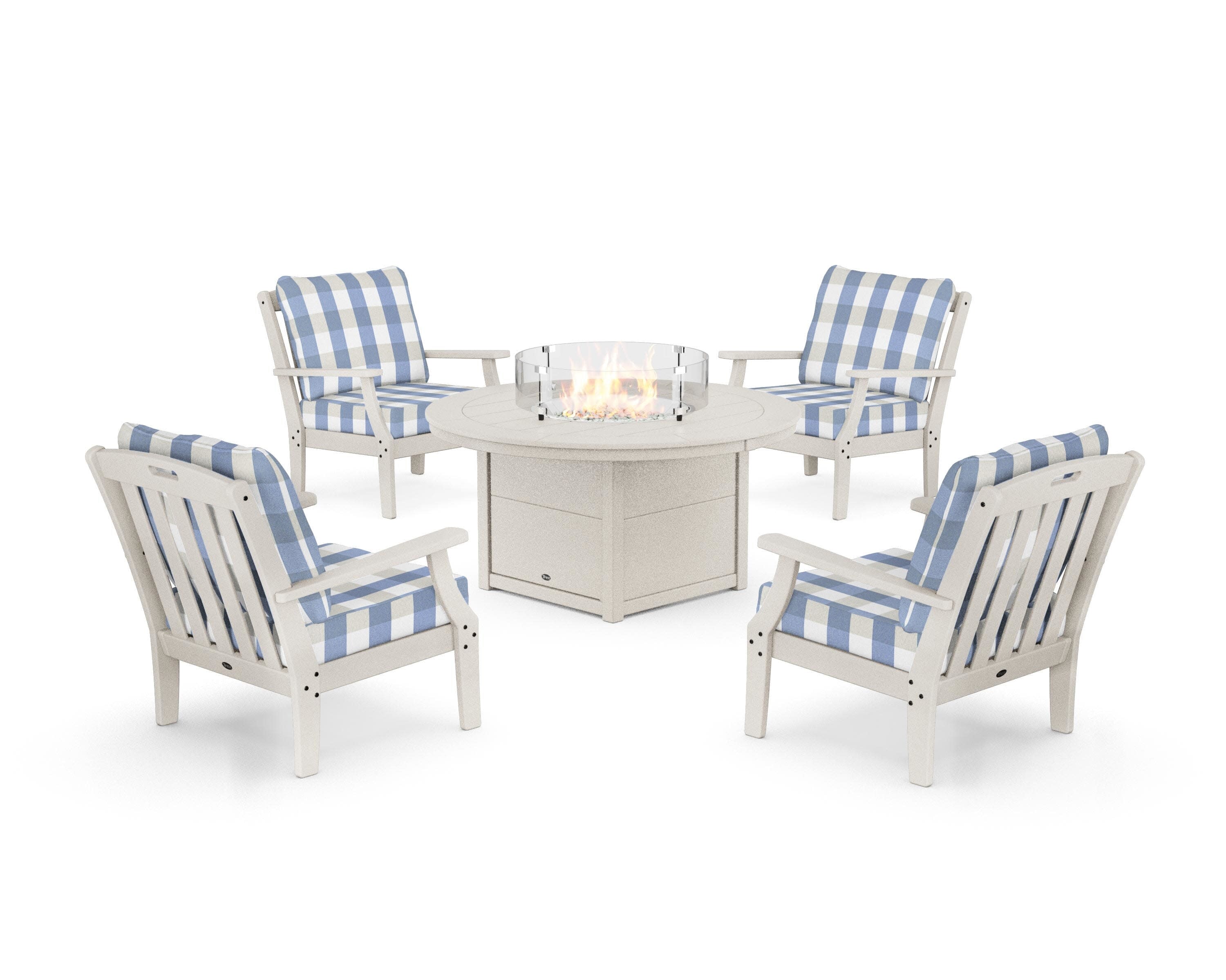 Yacht Club 5-Piece Deep Seating Set with Round Fire Pit Table in Sand Castle / Buffalo Plaid Sky Blue