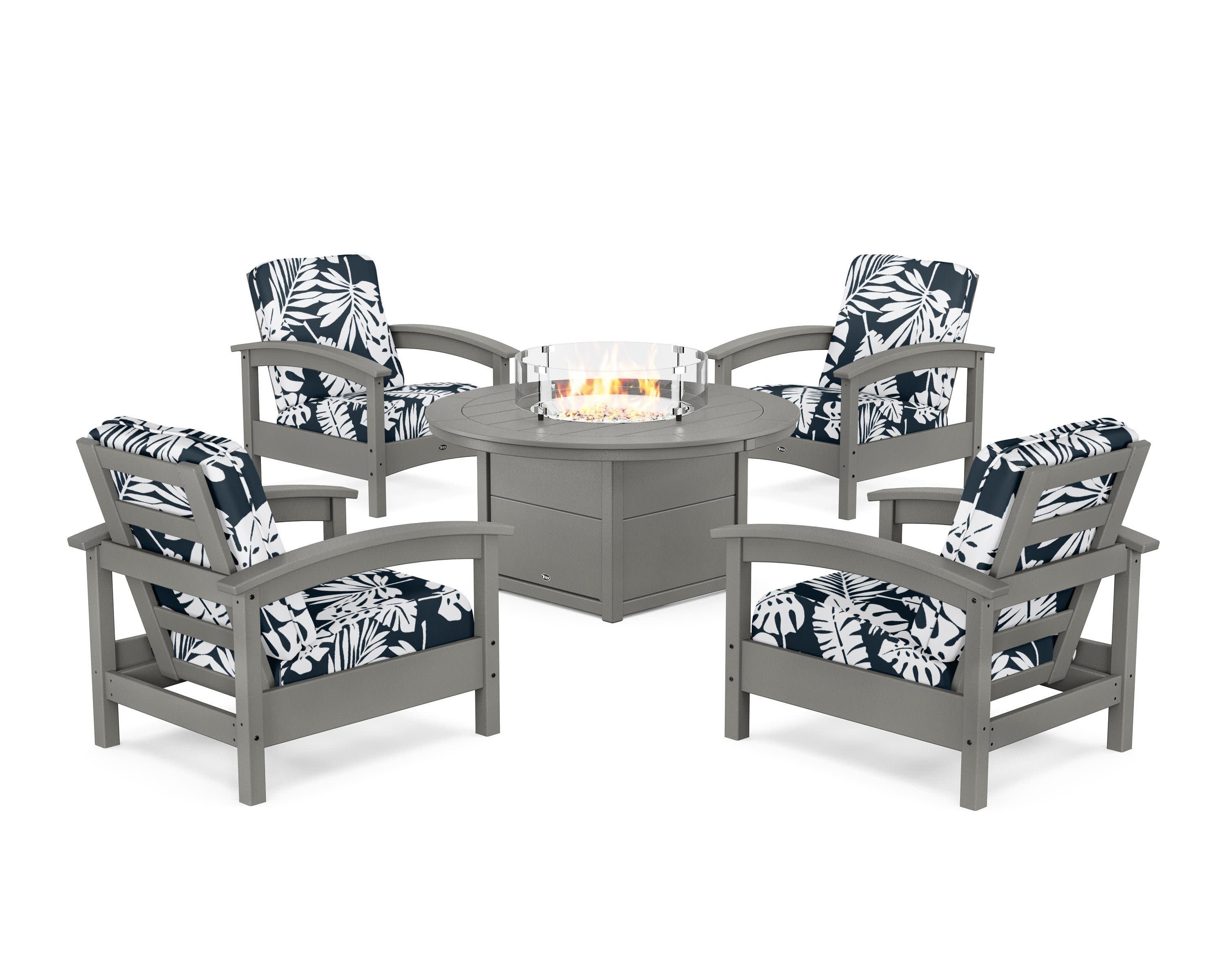 Rockport 5-Piece Deep Seating Set with Round Fire Pit Table in Stepping Stone / Leaf Marine Indigo
