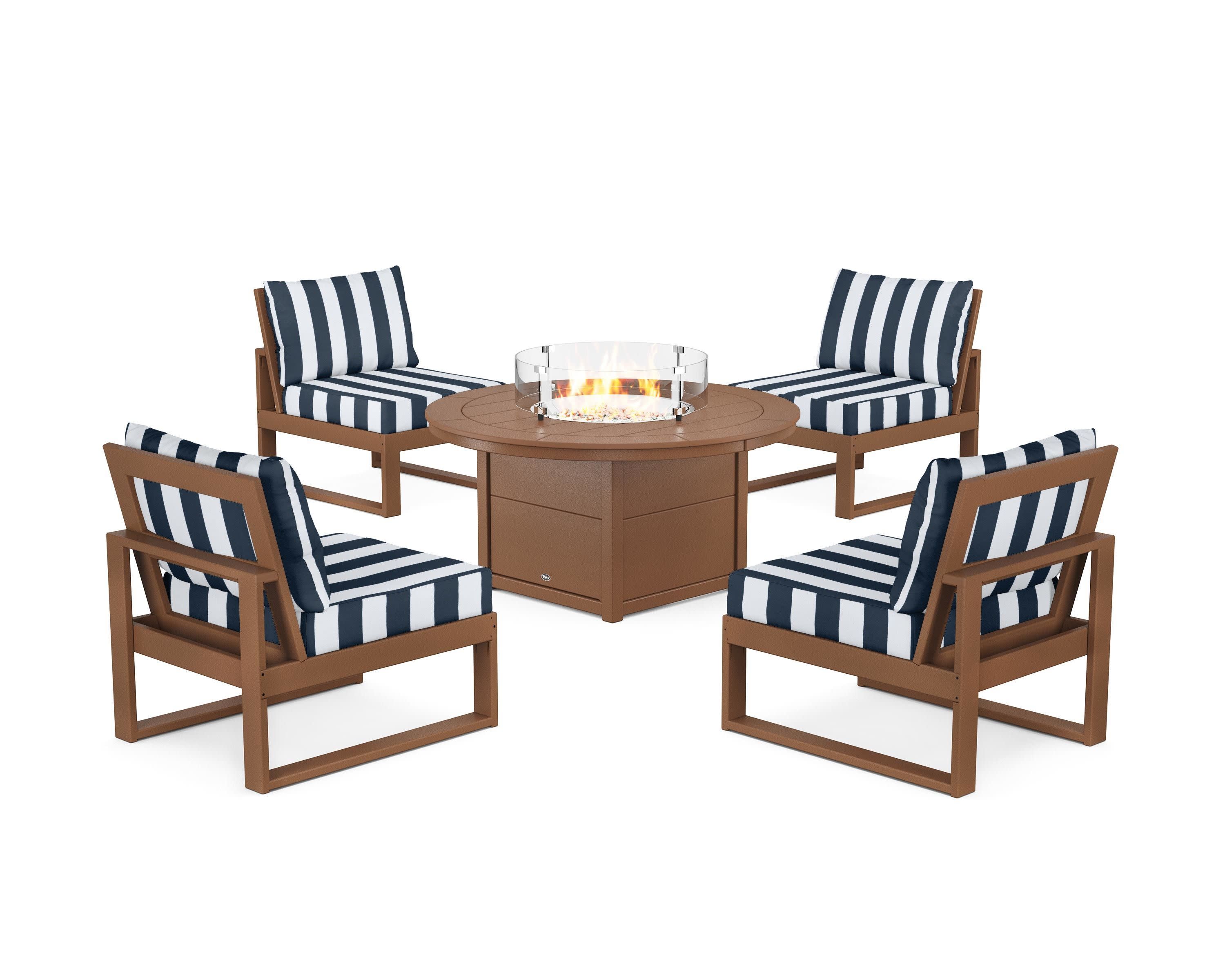 Eastport Modular 5-Piece Deep Seating Set with Round Fire Pit Table in Tree House / Cabana Stripe Marine Indigo
