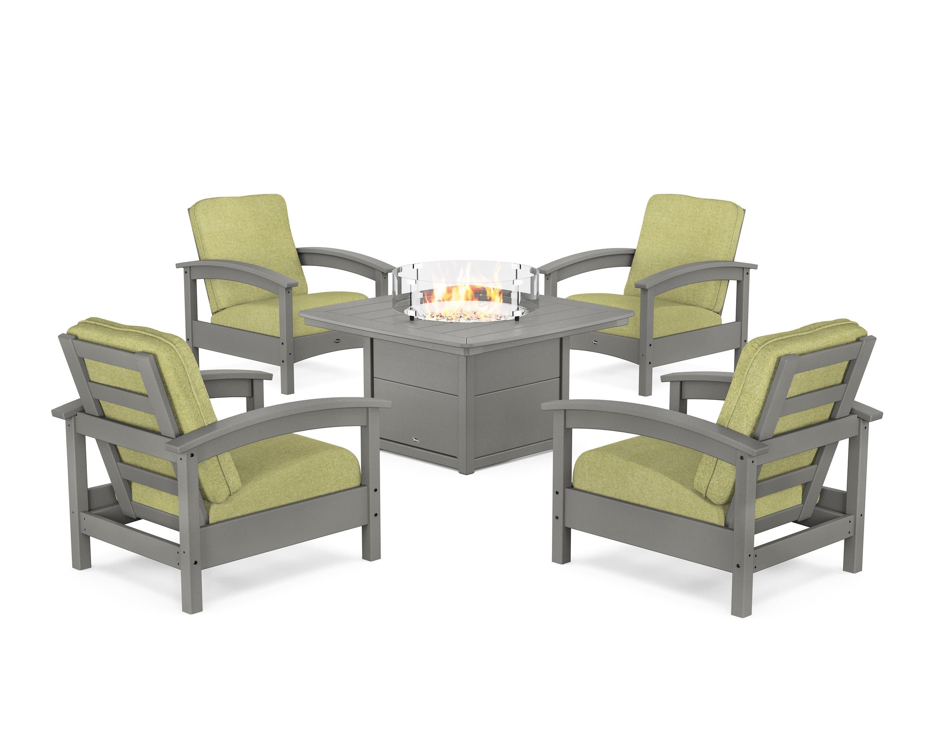 Rockport 5-Piece Deep Seating Set with Yacht Club Fire Pit Table in Stepping Stone / Chartreuse Boucle