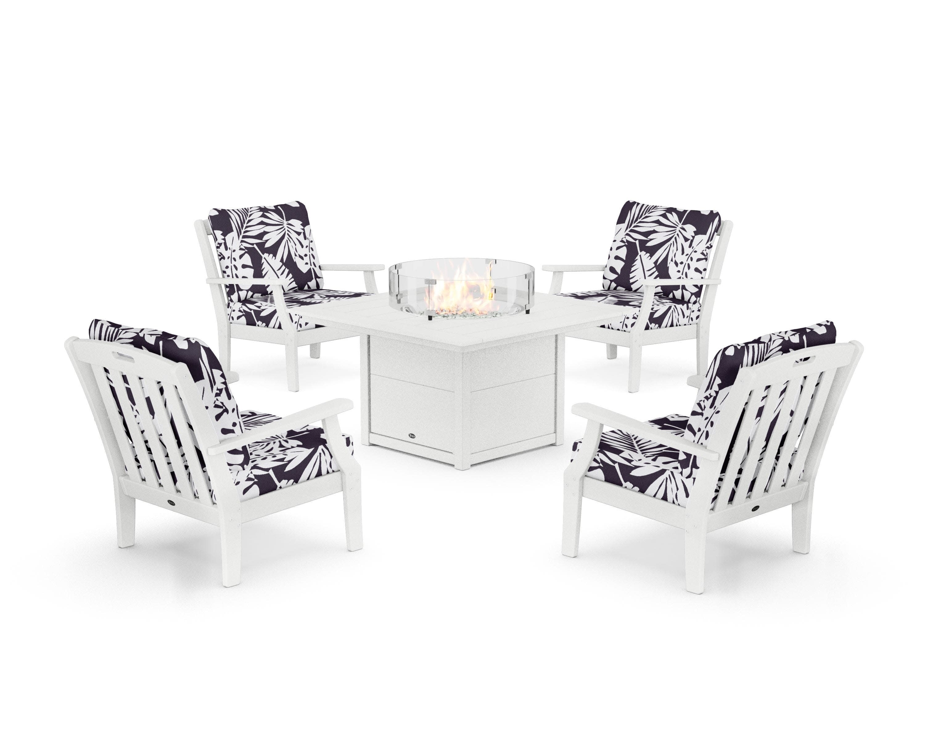 Yacht Club 5-Piece Deep Seating Set with Square Fire Pit Table in Classic White / Leaf Navy