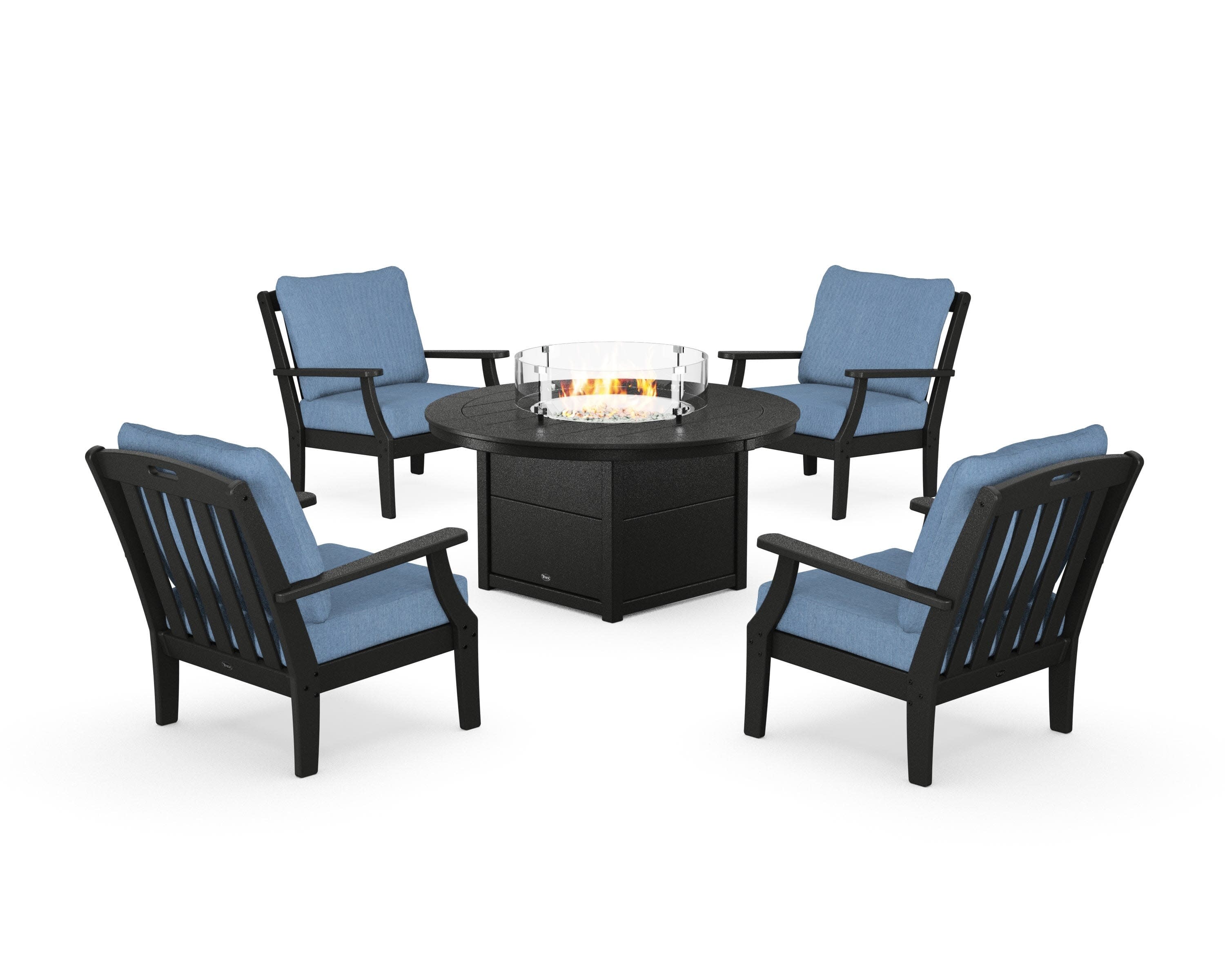 Yacht Club 5-Piece Deep Seating Set with Round Fire Pit Table in Charcoal Black / Sky Blue