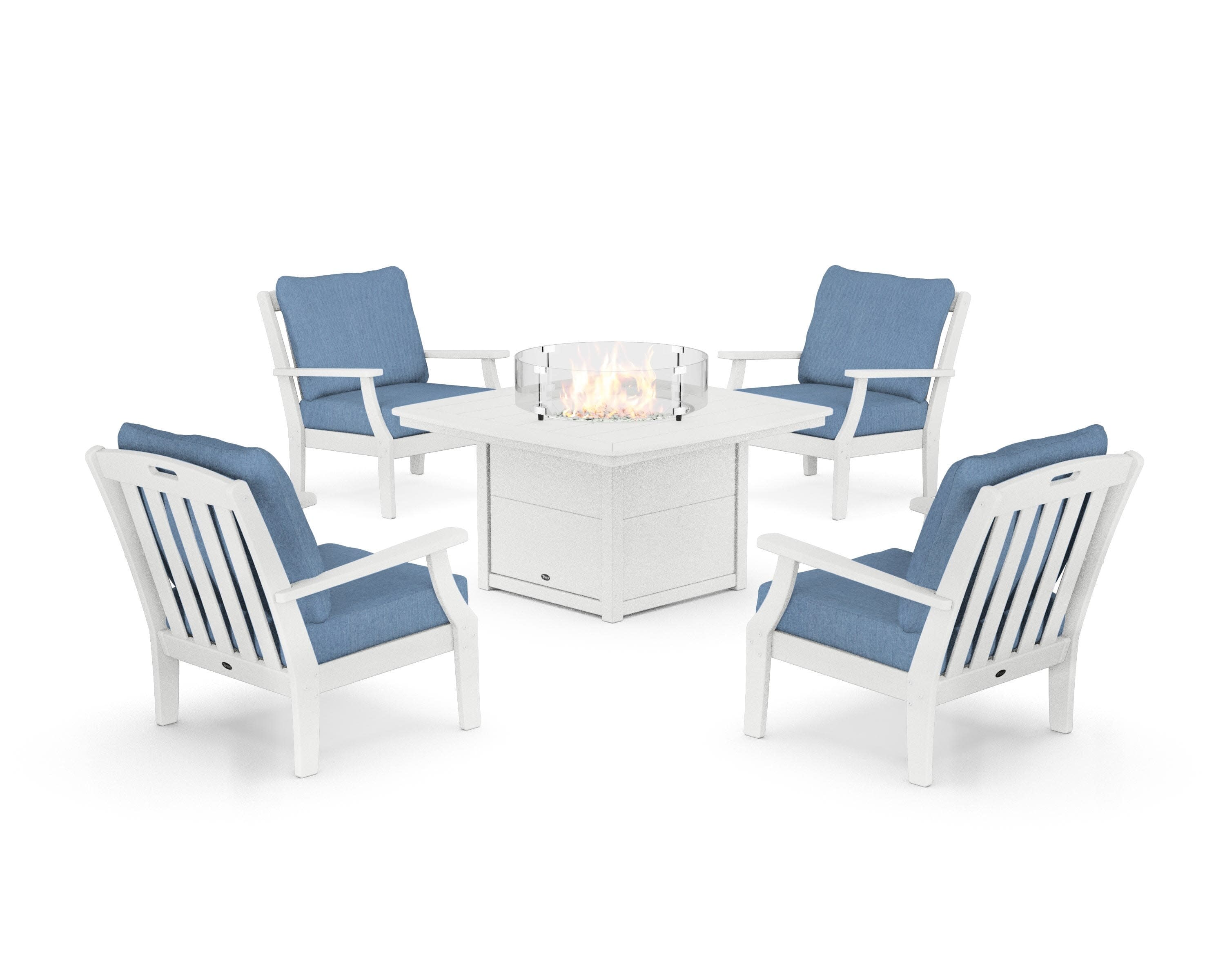 Yacht Club 5-Piece Deep Seating Set with Fire Pit Table in Classic White / Sky Blue