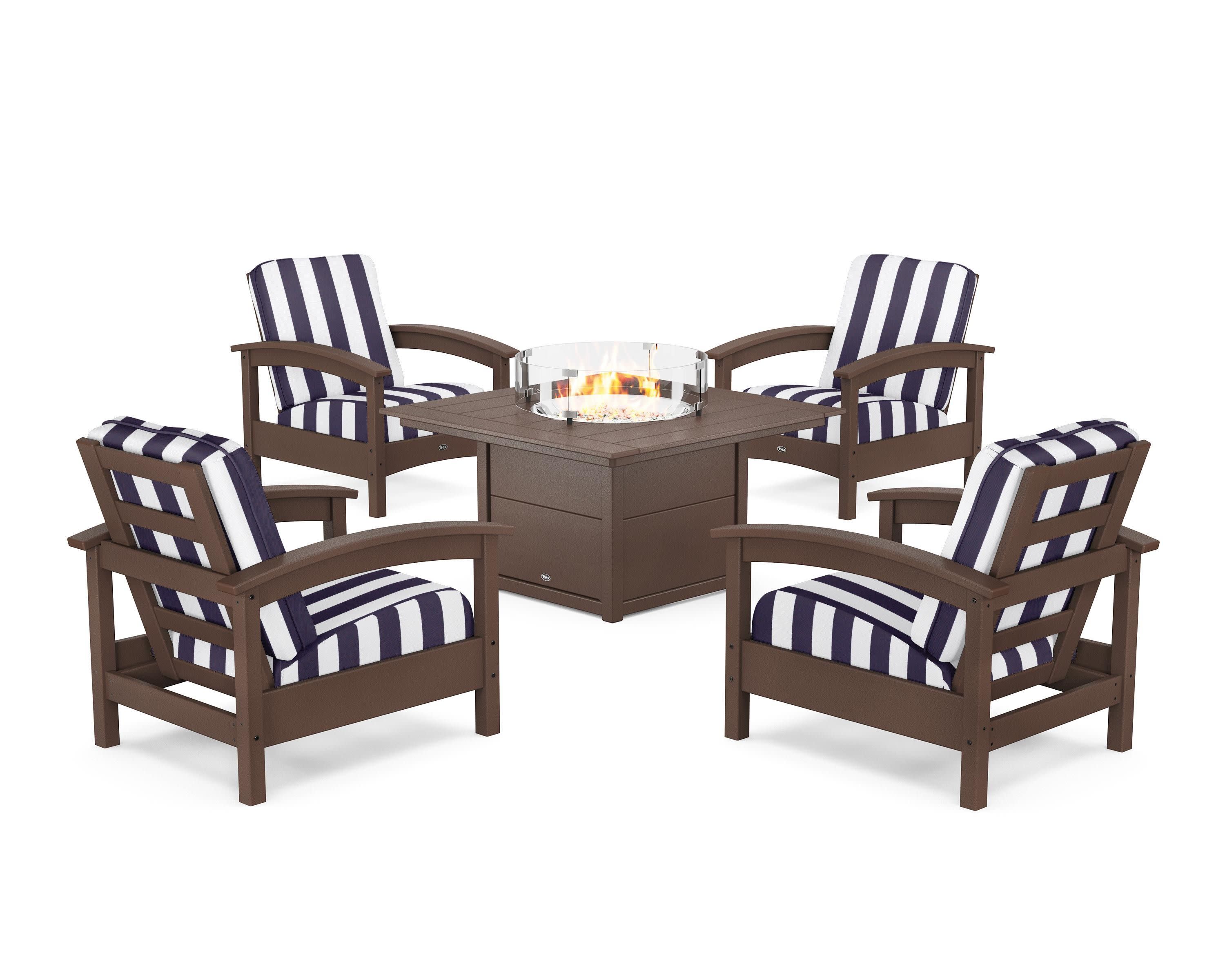 Rockport 5-Piece Deep Seating Set with Square Fire Pit Table in Vintage Lantern / Cabana Stripe Navy