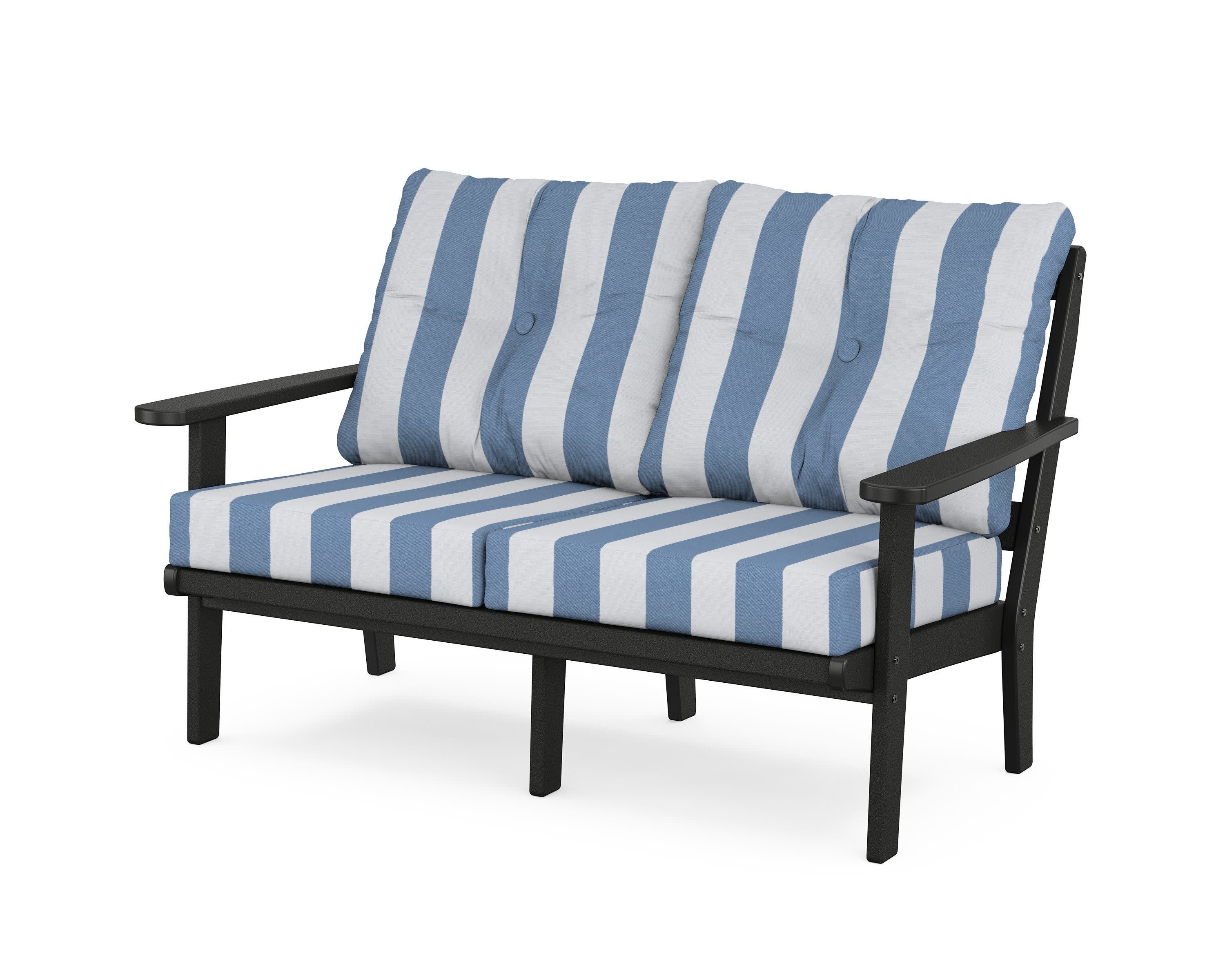 Cape Cod Deep Seating Loveseat in Charcoal Black / Cabana Stripe Sky Blue