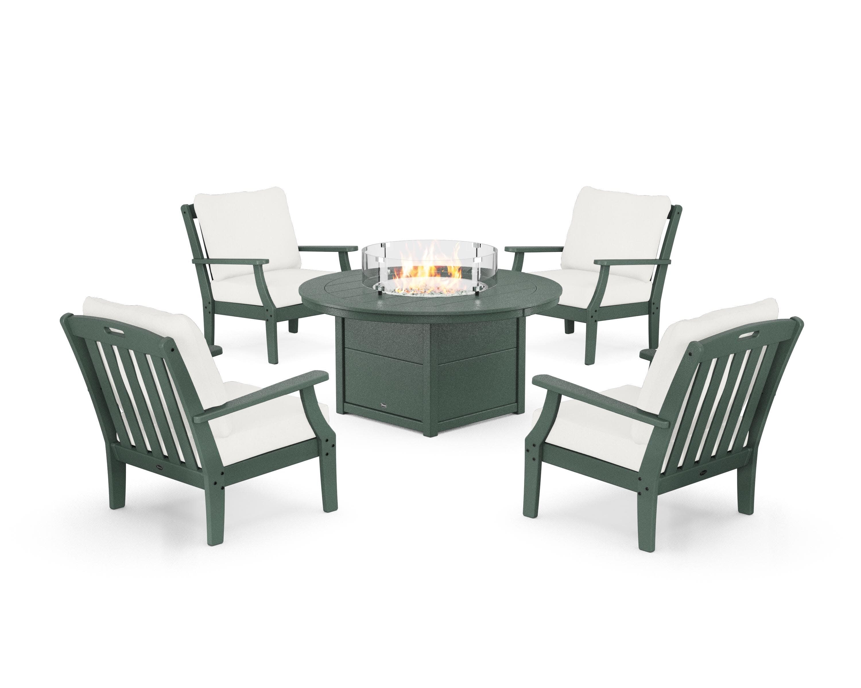Yacht Club 5-Piece Deep Seating Set with Round Fire Pit Table in Rainforest Canopy / Natural Linen