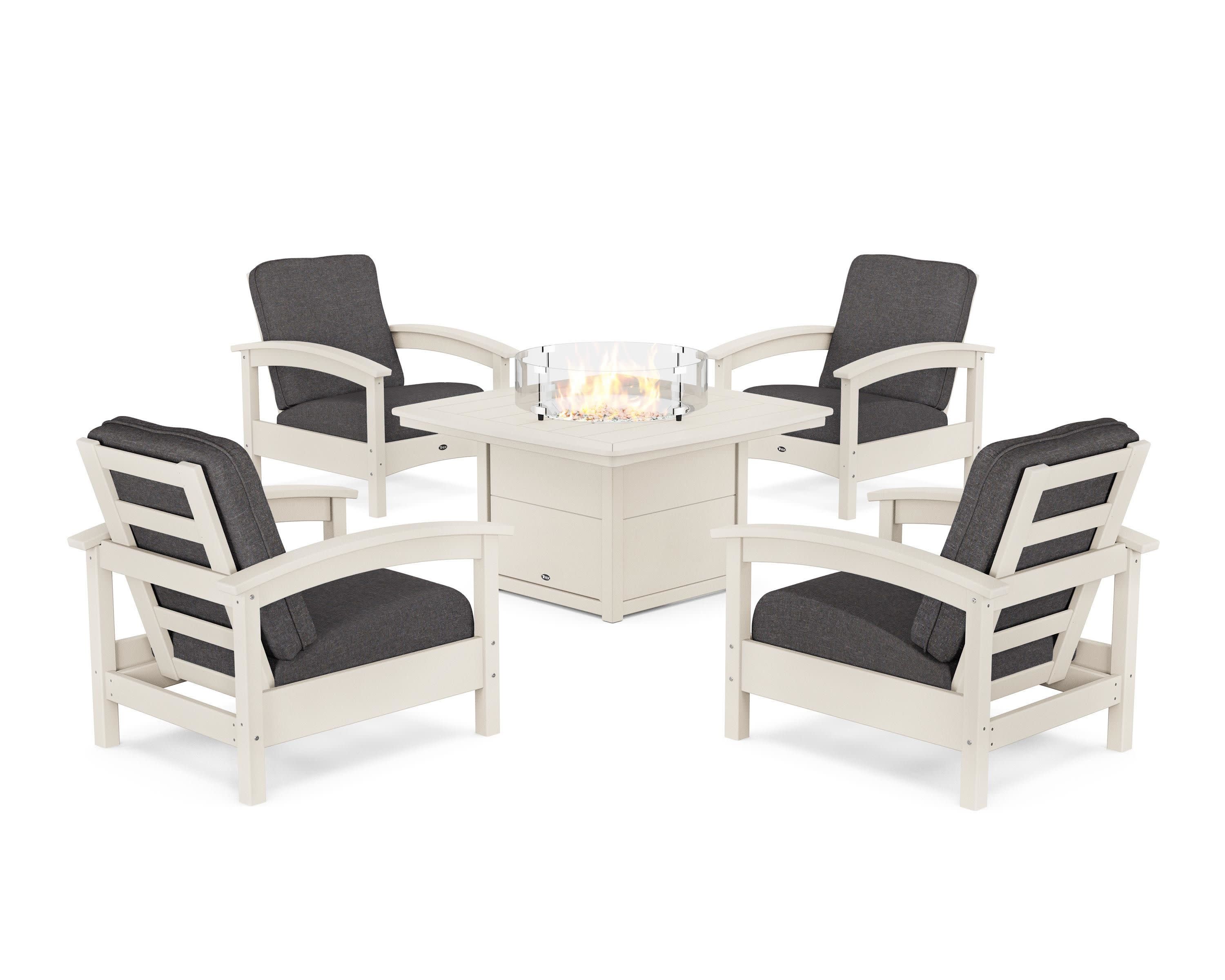 Rockport 5-Piece Deep Seating Set with Yacht Club Fire Pit Table in Sand Castle / Ash Charcoal
