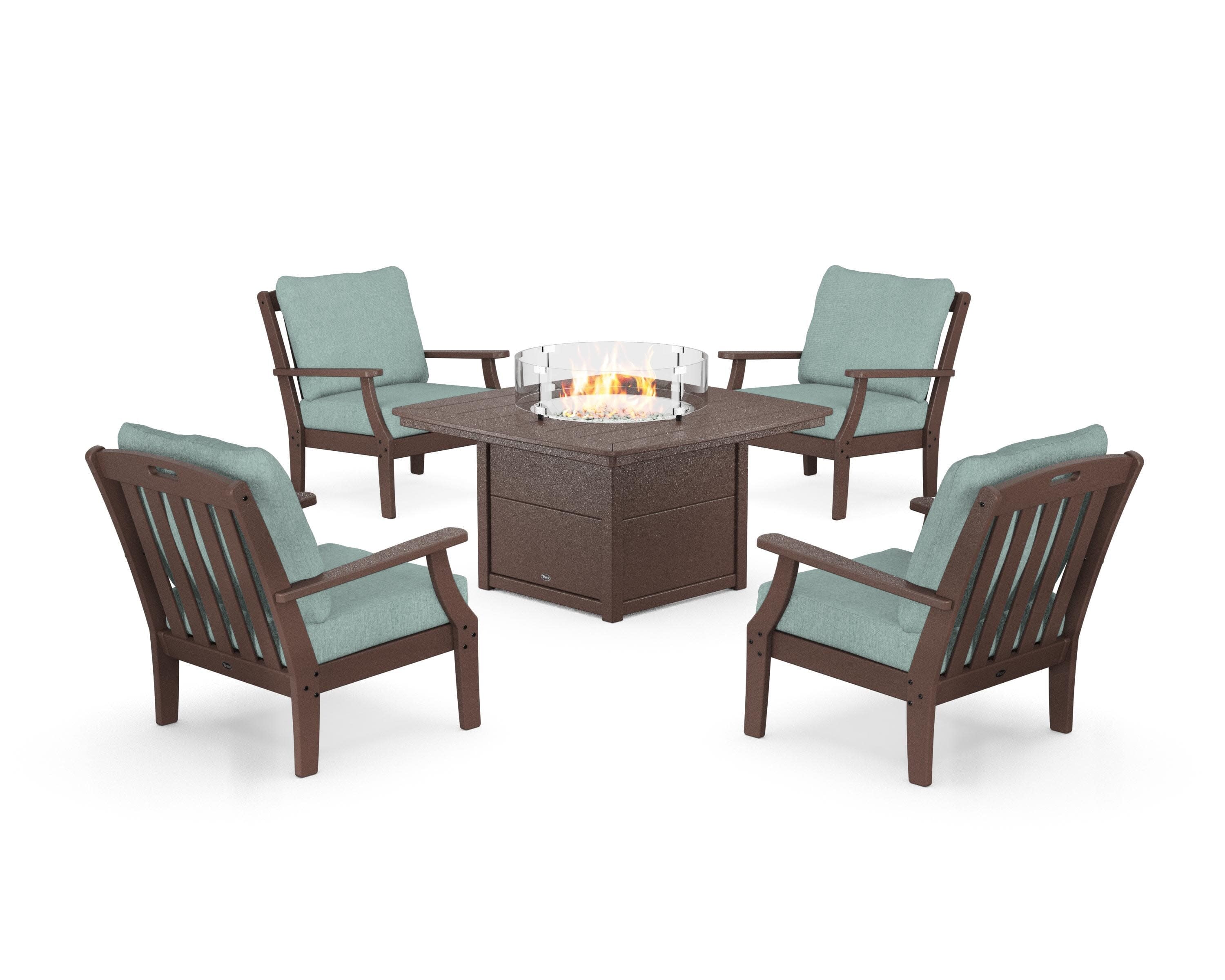 Yacht Club 5-Piece Deep Seating Set with Fire Pit Table in Vintage Lantern / Glacier Spa
