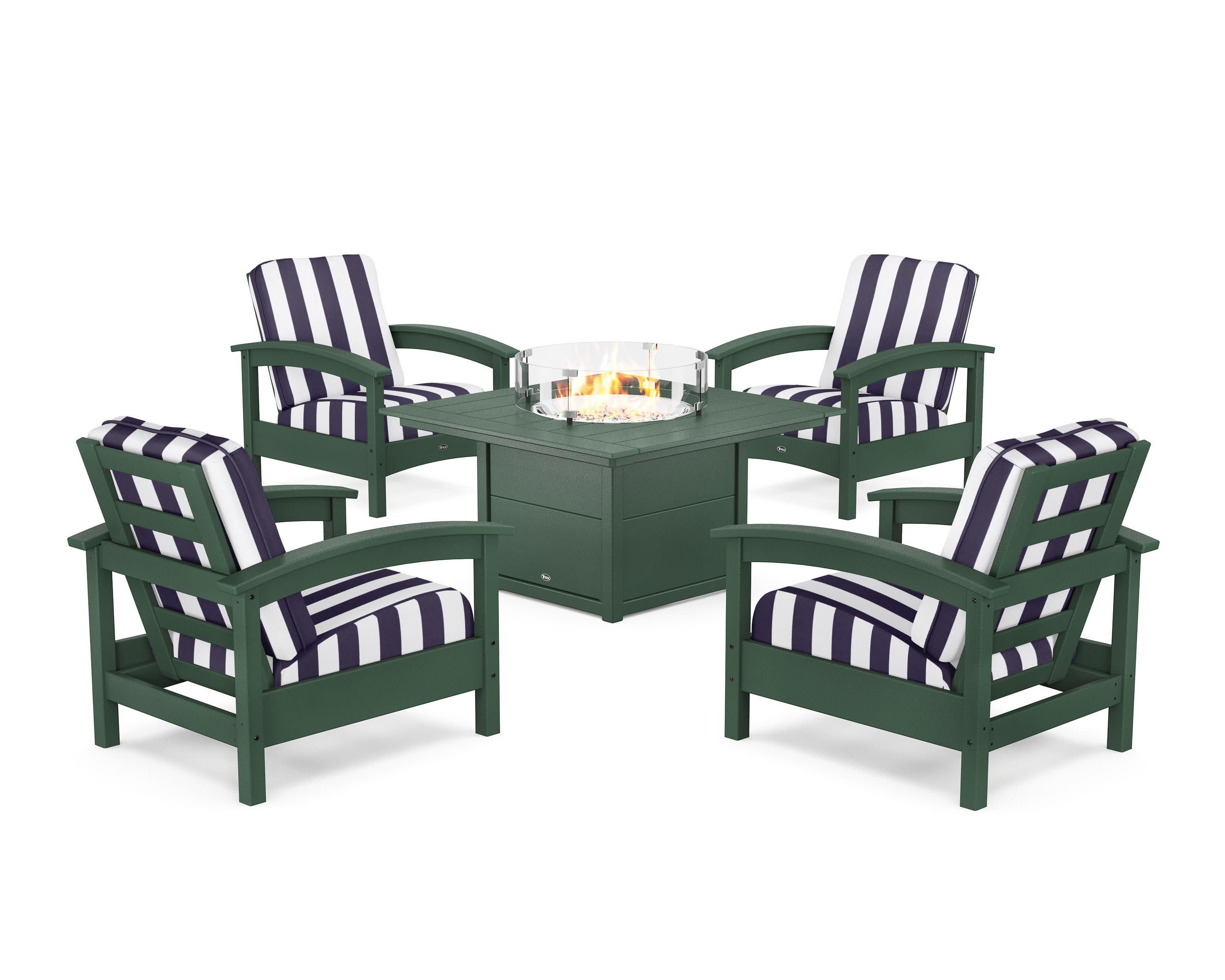 Rockport 5-Piece Deep Seating Set with Square Fire Pit Table in Rainforest Canopy / Cabana Stripe Navy