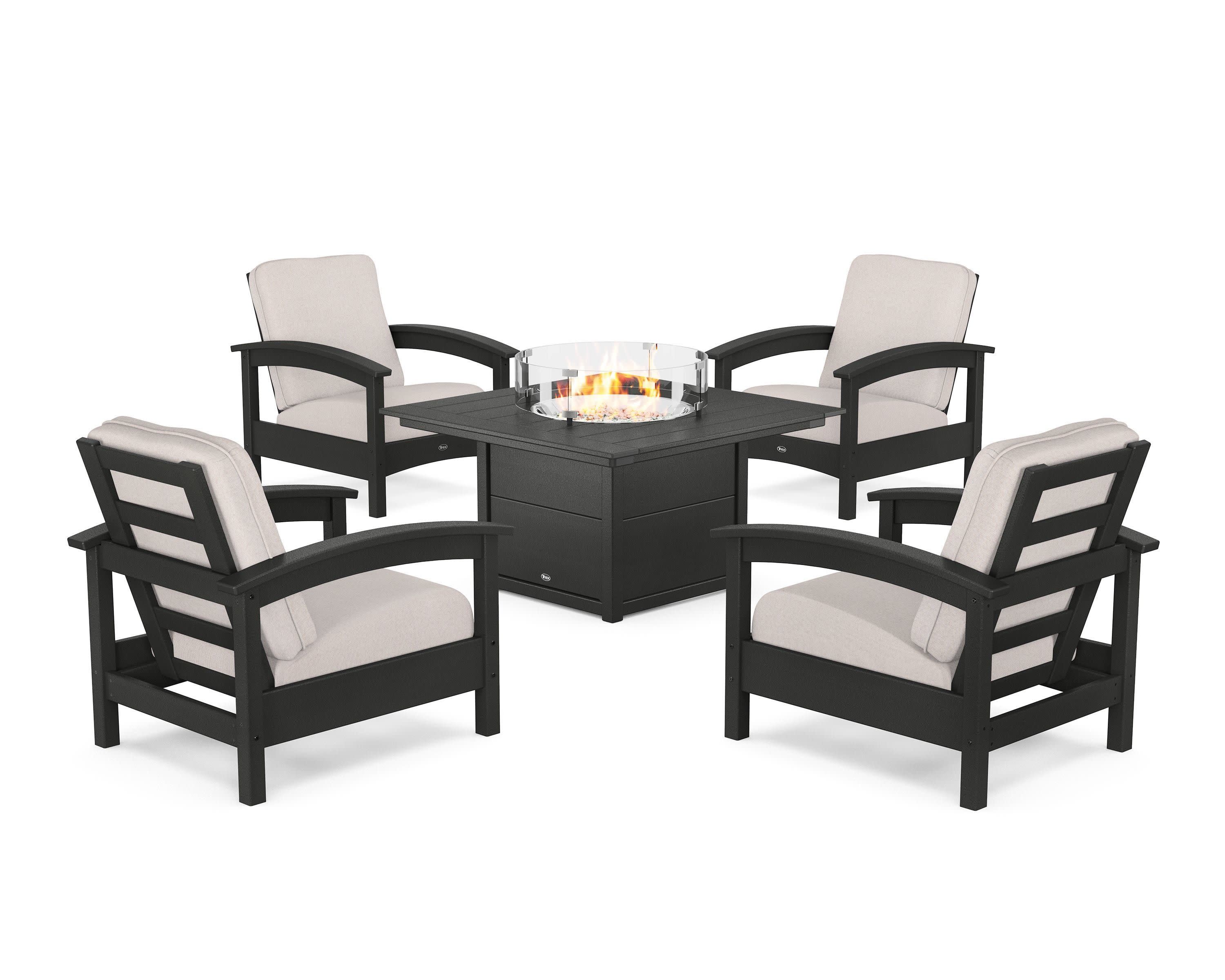 Rockport 5-Piece Deep Seating Set with Square Fire Pit Table in Charcoal Black / Dune Burlap