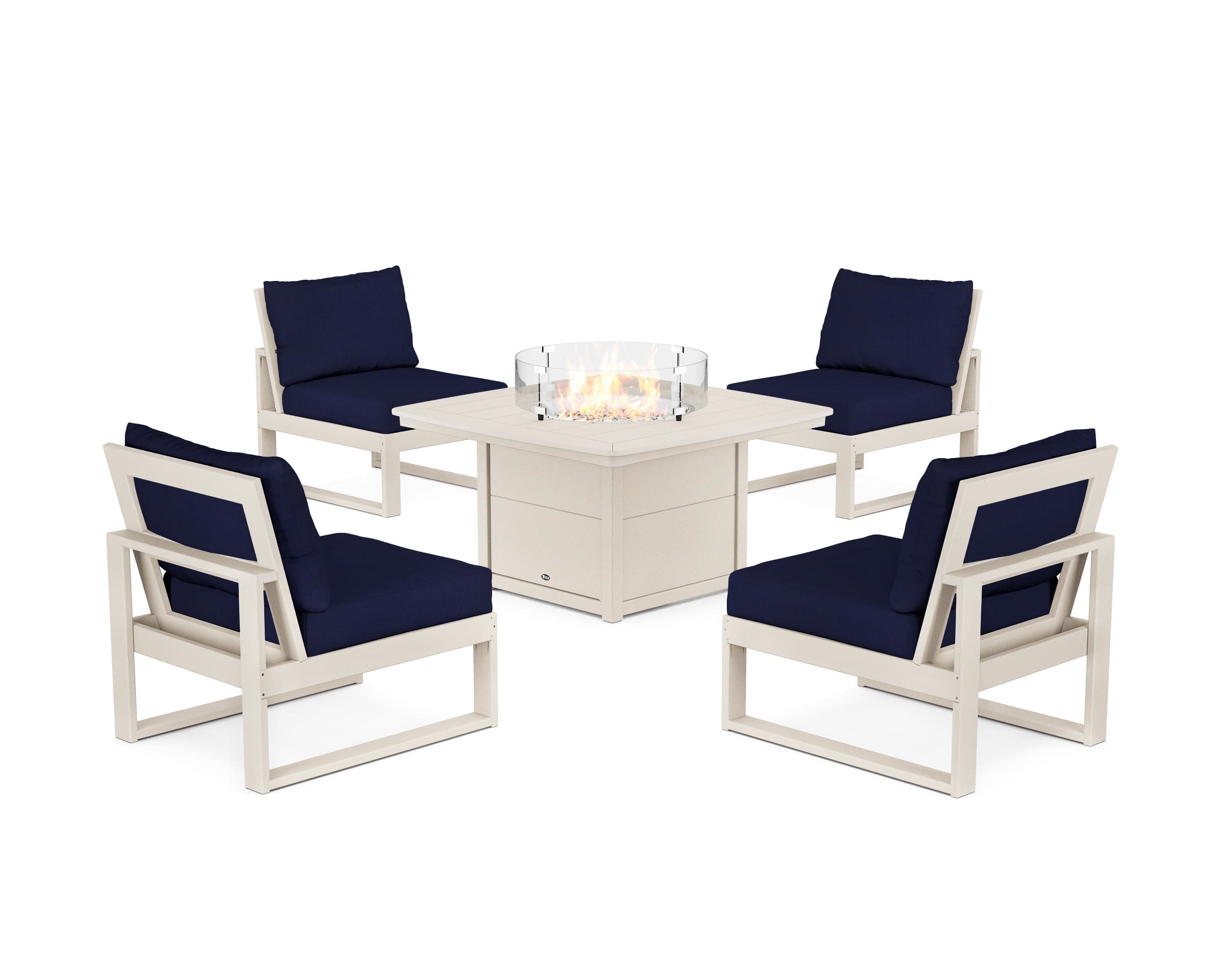 Eastport Modular 5-Piece Deep Seating Set with Yacht Club Fire Pit Table in Sand Castle / Navy