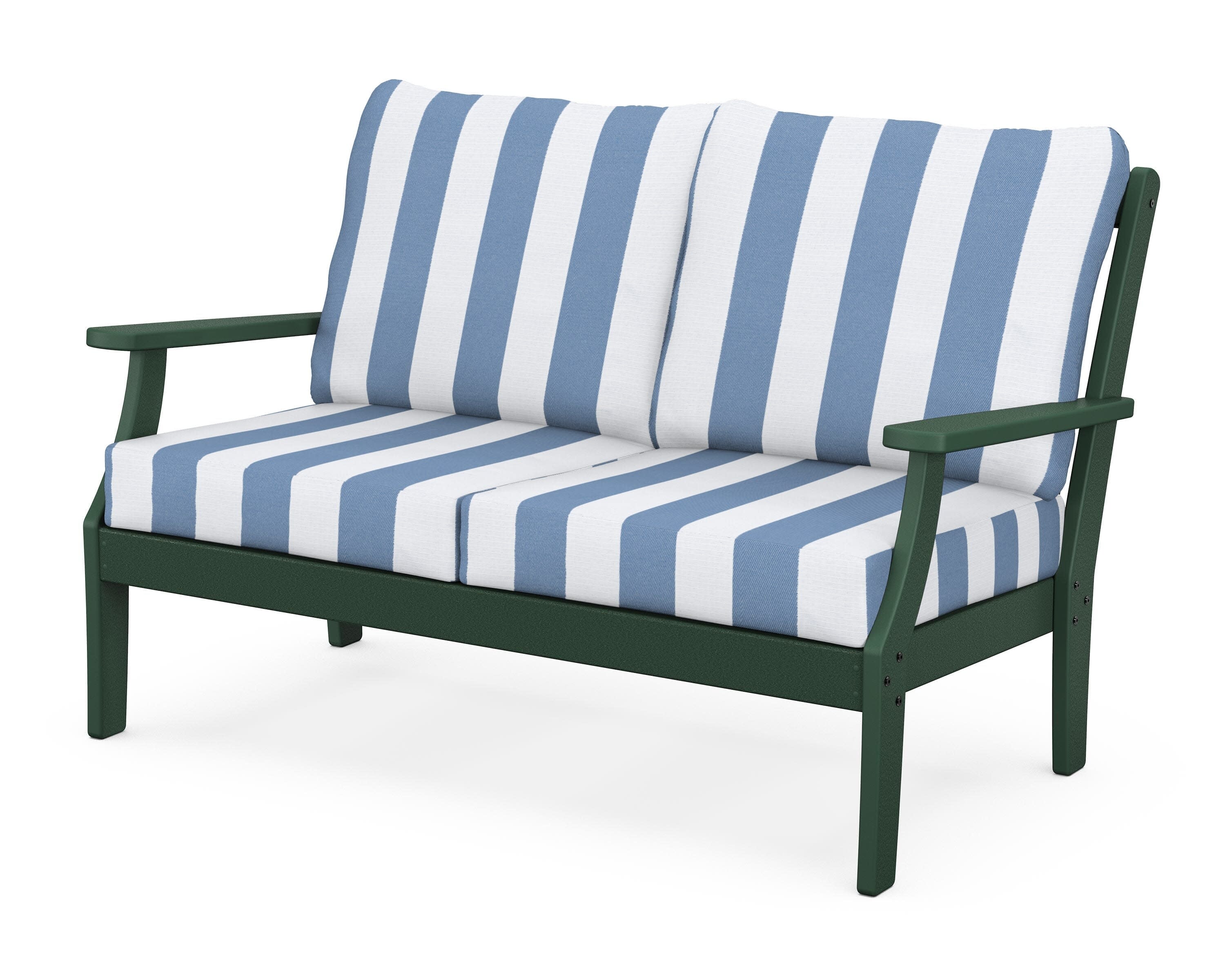 Yacht Club Deep Seating Loveseat in Rainforest Canopy / Cabana Stripe Sky Blue