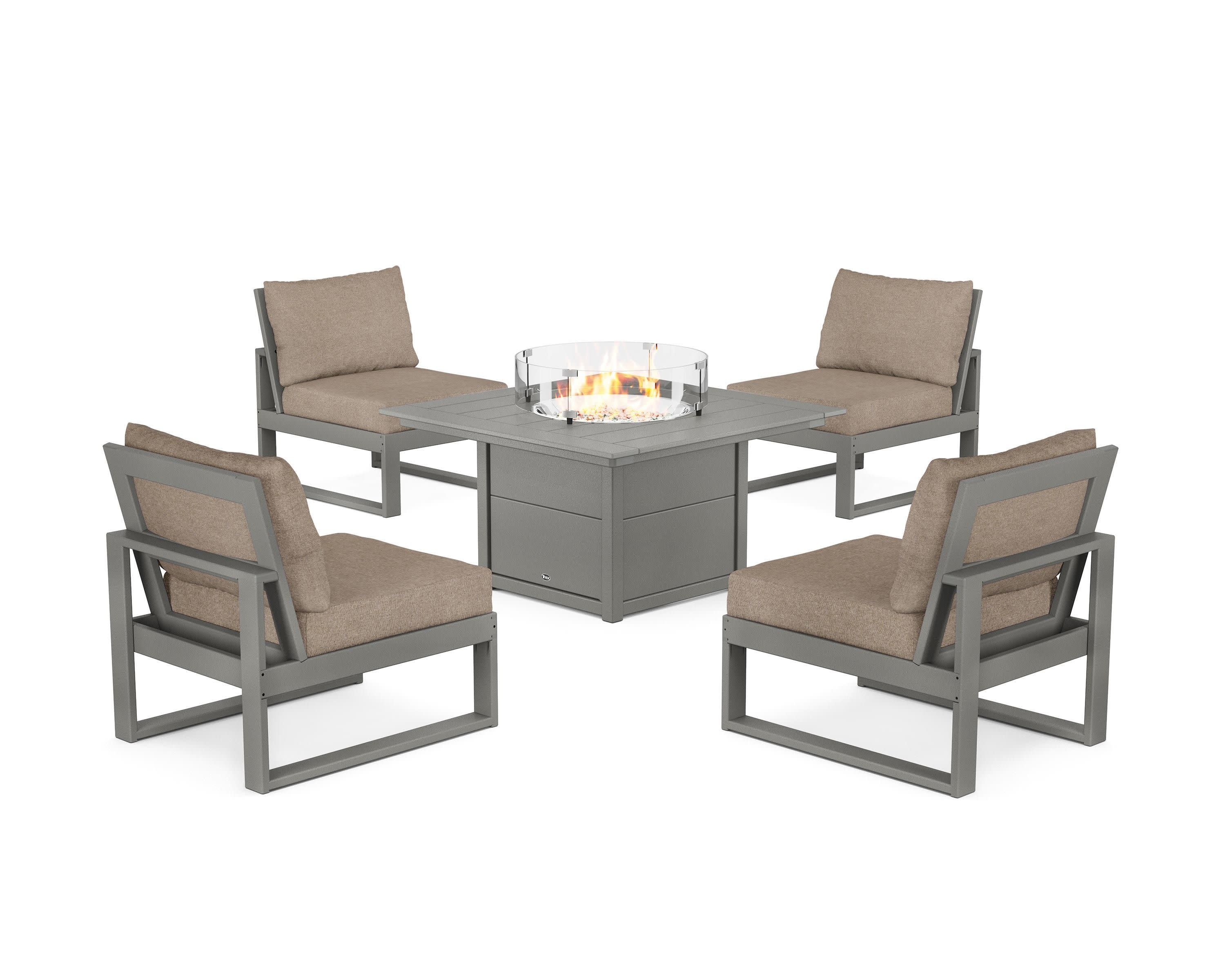 Eastport Modular 5-Piece Deep Seating Set with Square Fire Pit Table in Stepping Stone / Spiced Burlap