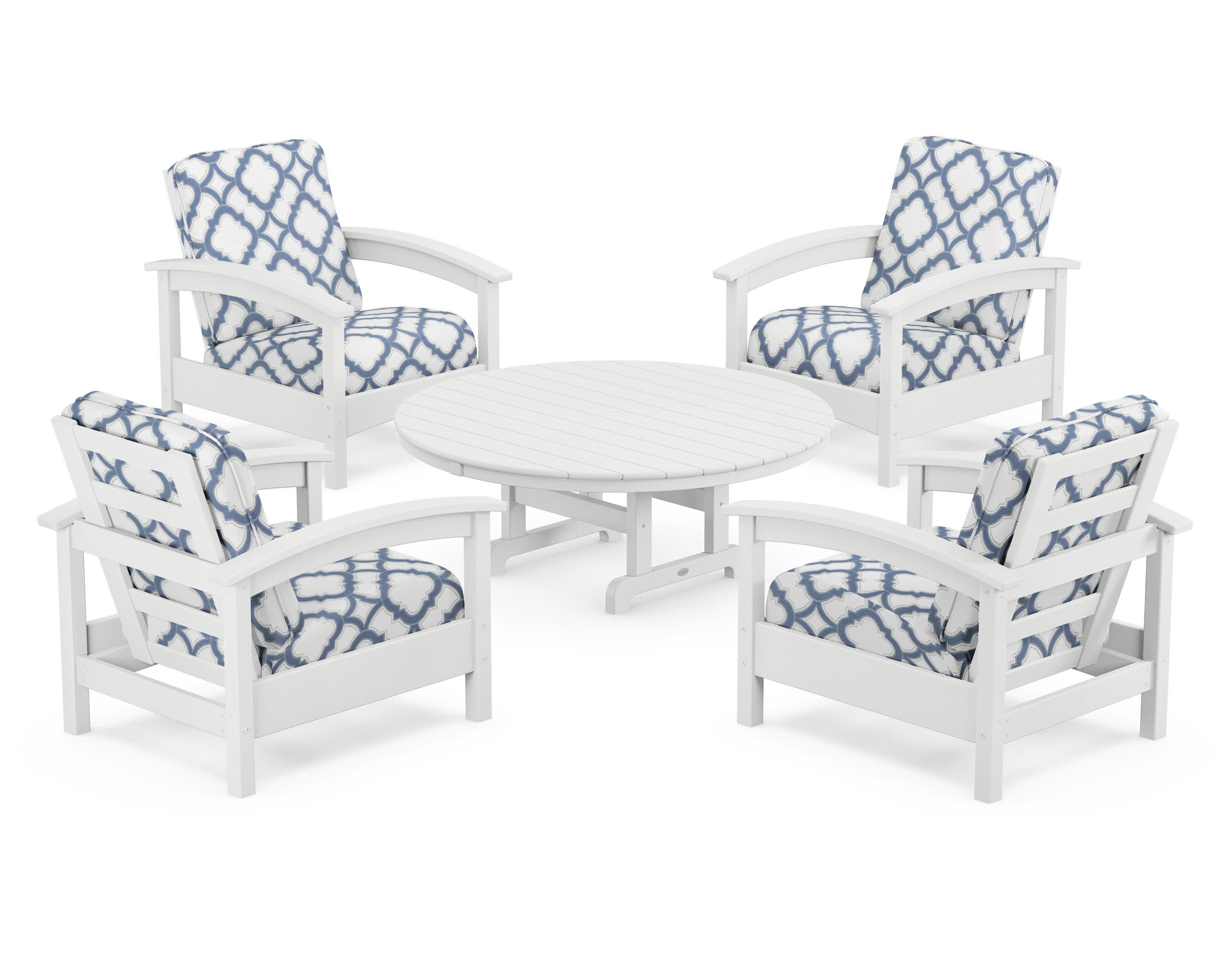 Rockport 5-Piece Deep Seating Set in Classic White / Trellis Sky Blue