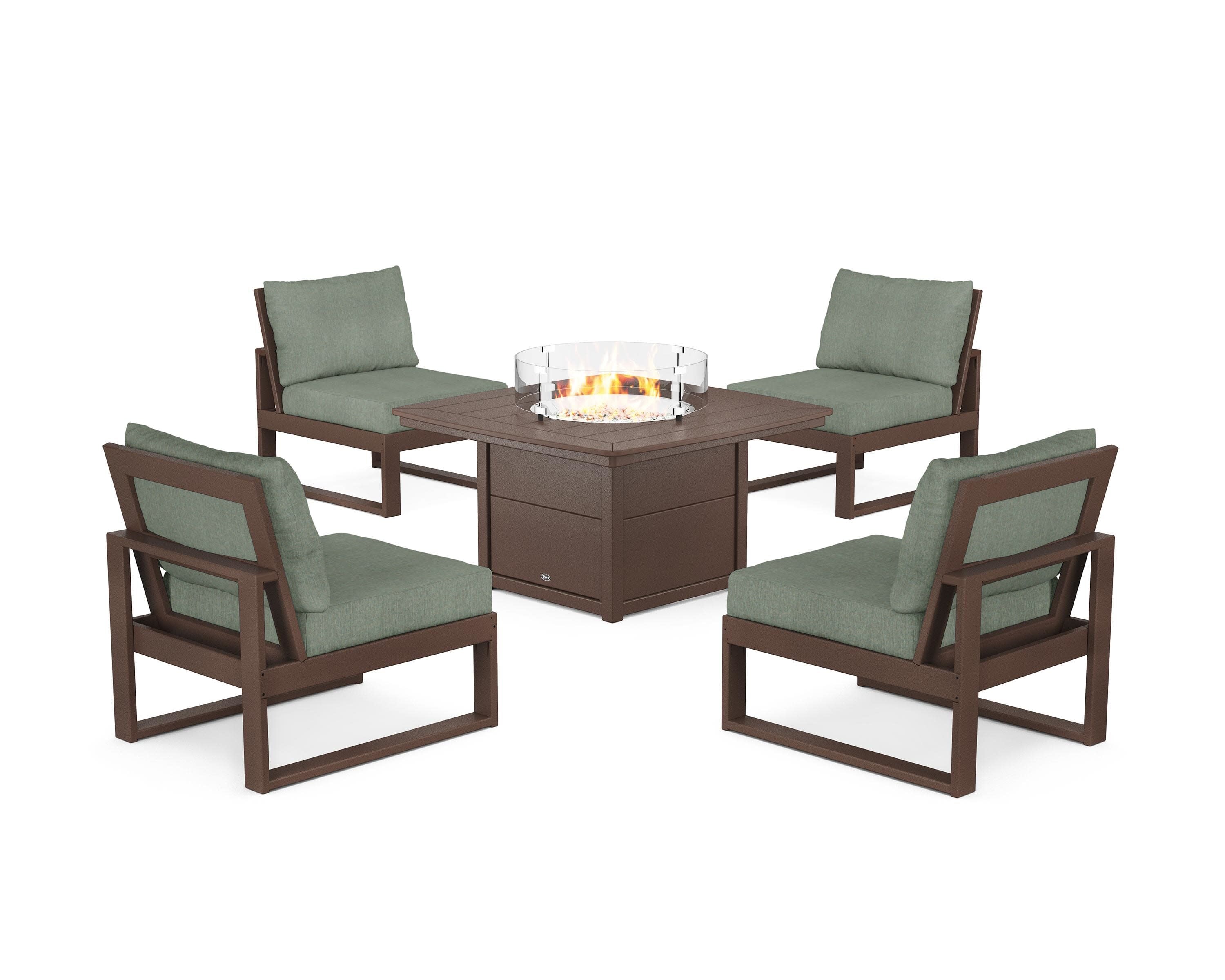 Eastport Modular 5-Piece Deep Seating Set with Yacht Club Fire Pit Table in Vintage Lantern / Cast Sage