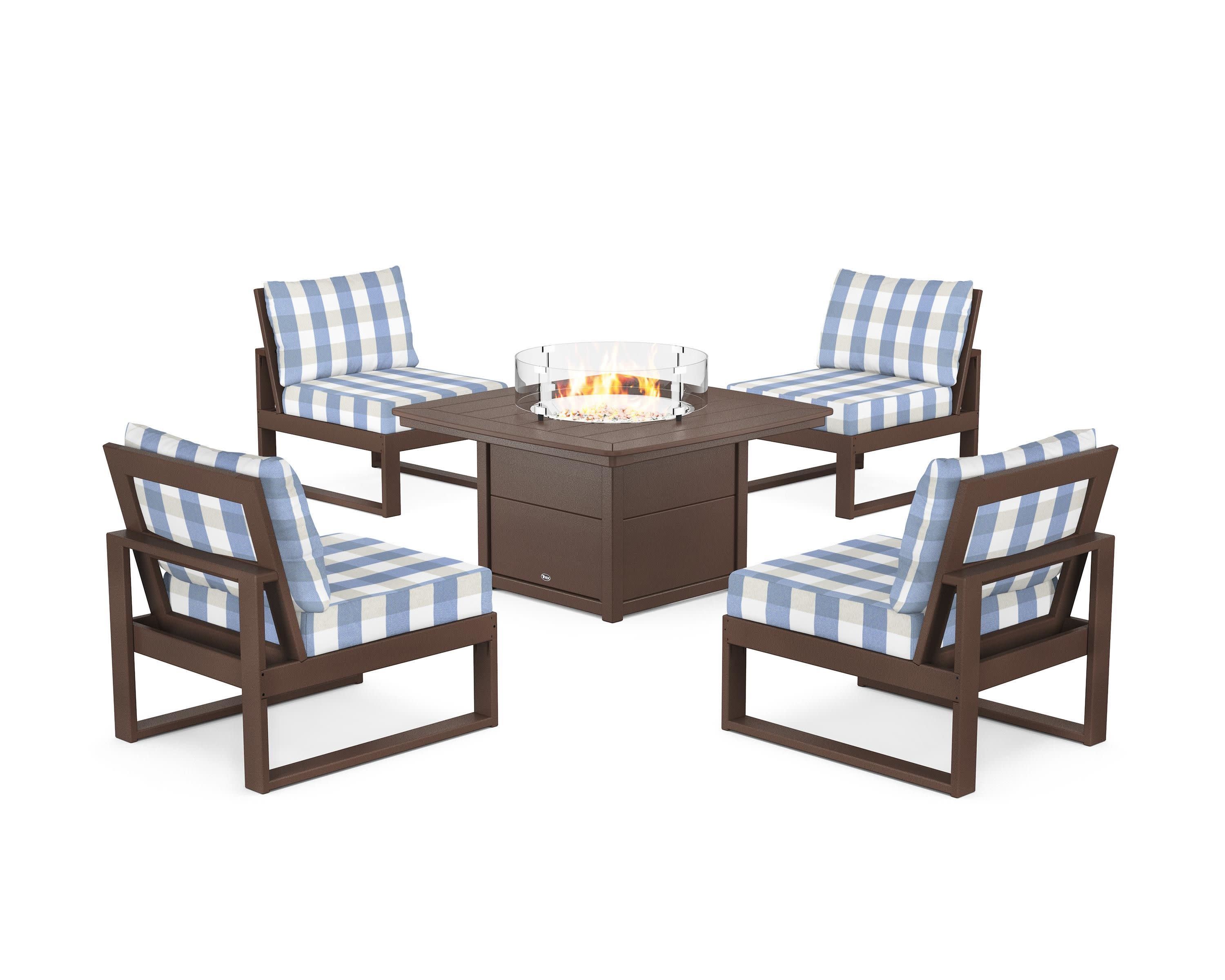 Eastport Modular 5-Piece Deep Seating Set with Yacht Club Fire Pit Table in Vintage Lantern / Buffalo Plaid Sky Blue