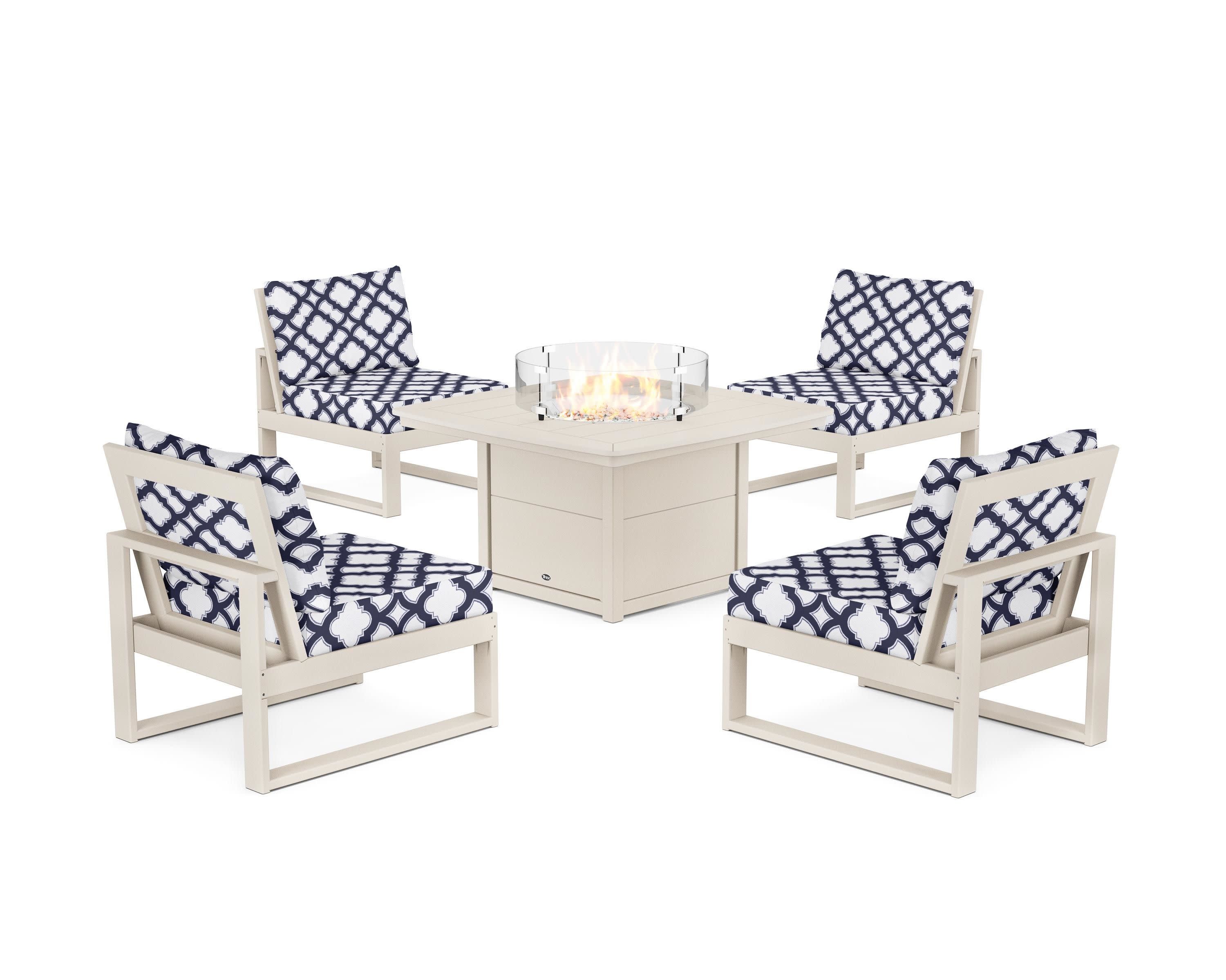 Eastport Modular 5-Piece Deep Seating Set with Yacht Club Fire Pit Table in Sand Castle / Trellis Navy